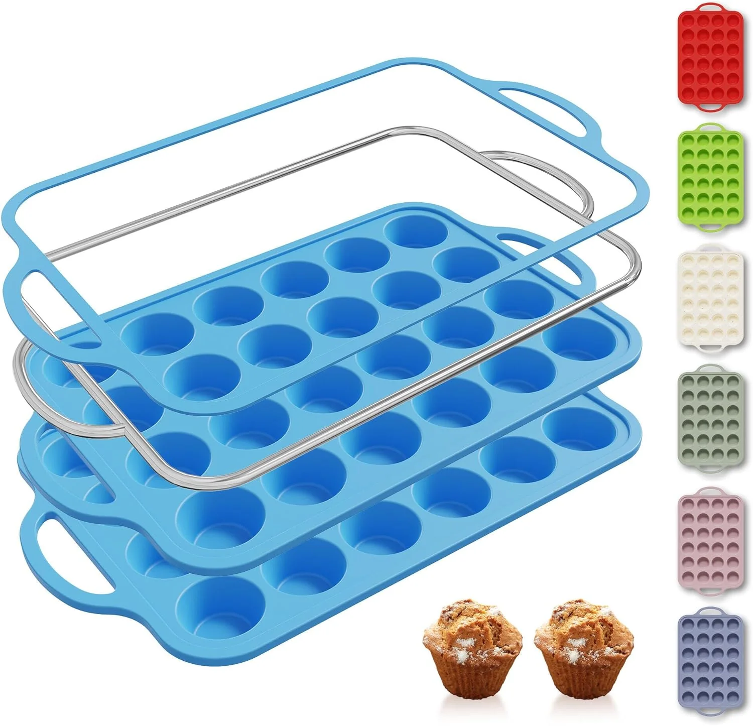 Optimized 2 Packs 24 Cups Silicone Muffin Pan with Metal Reinforced Frame Mini Size Cupcake Pan Tray Egg Bites Cookie Molds Muffin Tin Tart Pans chocoflan mold Refined