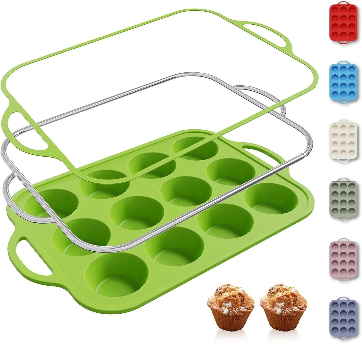 Outstanding 12 Cups Silicone Muffin Pan with Metal Reinforced Frame Regular Size Cupcake Pan Tray Egg Bites Silicone Circle Cookie Molds Muffin Tin Tart Pans Exceptional