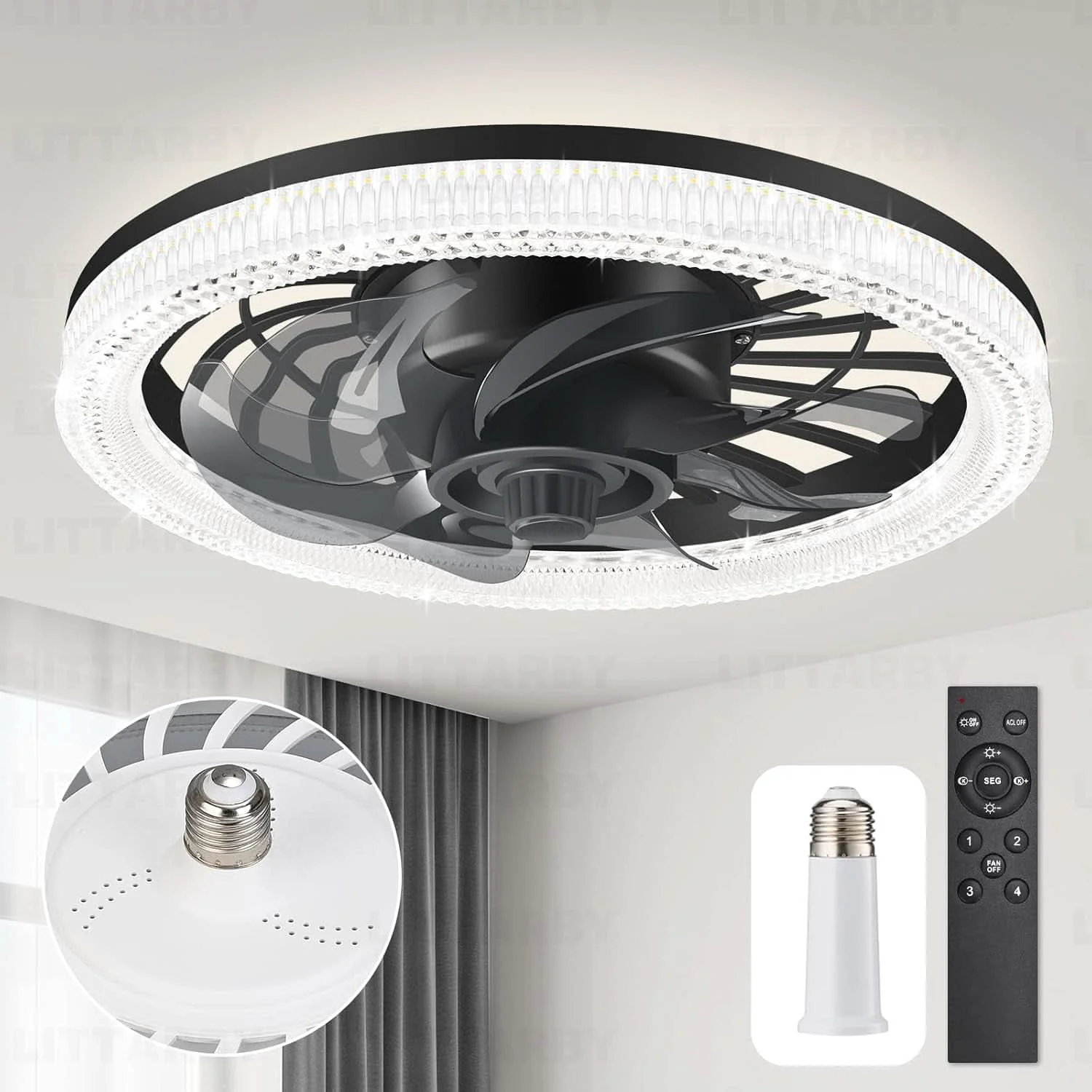 Enhanced Black Ceiling Fan With Lights Remote Dimmable 3000K to 6500K Flush Mou Excellent
