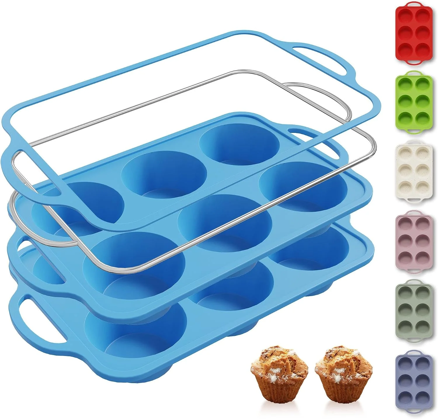 Versatile 2 Packs 6 Cups Silicone Muffin Pan with Metal Reinforced Frame Jumbo Size Cupcake Pan Tray Egg Bites Silicone Molds Muffin Tin Tart Pans Bundt Pan Reposteria Accesorios Moldes Para Pasteles Fine