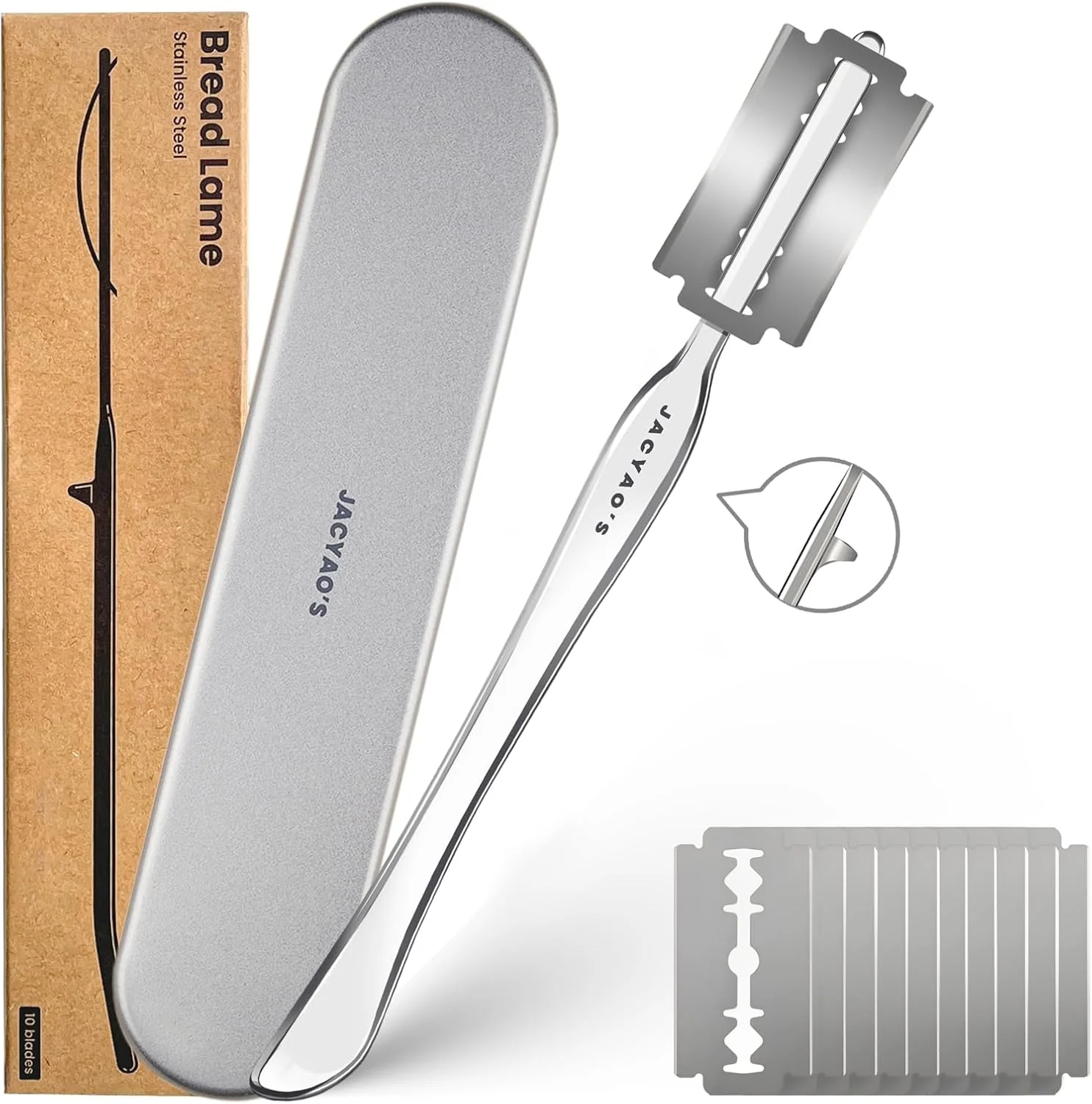 Functional JACYAO’S Bread Lame Sourdough Scoring Tool Made From 304 Stainless Steel Professional Bread Scoring Tool with 10 Razor Blades and Metal Storage Box Safe