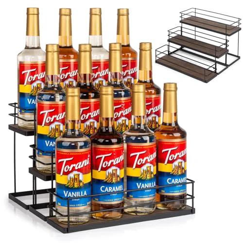 Enhanced 12 Bottle Capacity Coffee Syrup Organizer 3 Tier Coffee Syrup Stand Shelf for Coffee Bar Kitchen Small Wine Rack for Bar Family Storage for Syrup Wine Dressing 13.6 inch es Soft
