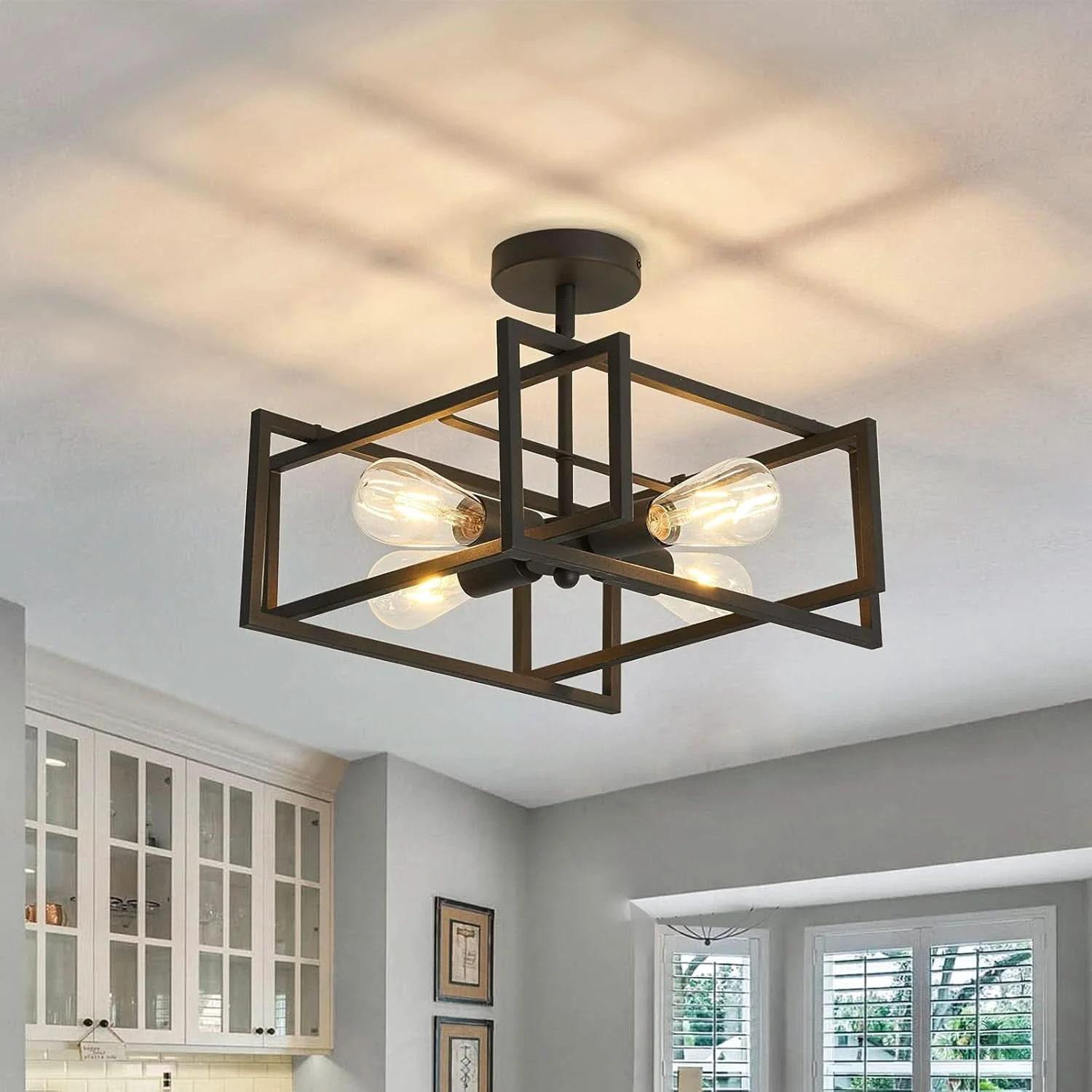 Detailed Black Four Light Farmhouse Ceiling Light Luminaire Versatile