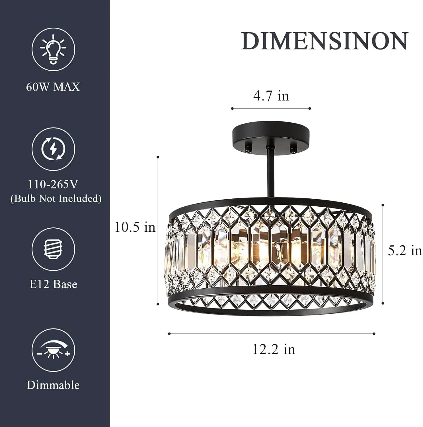 Easy-to-Use Crystal Black Three Light Semi Flush Mount Ceiling Light World-Class
