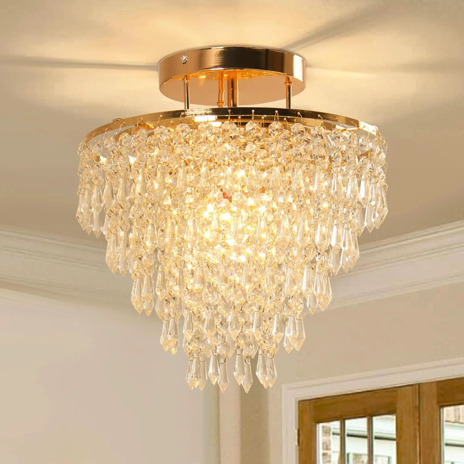 Effective Gold Crystal Flush Mount Chandelier 30cm Ceiling Light Green