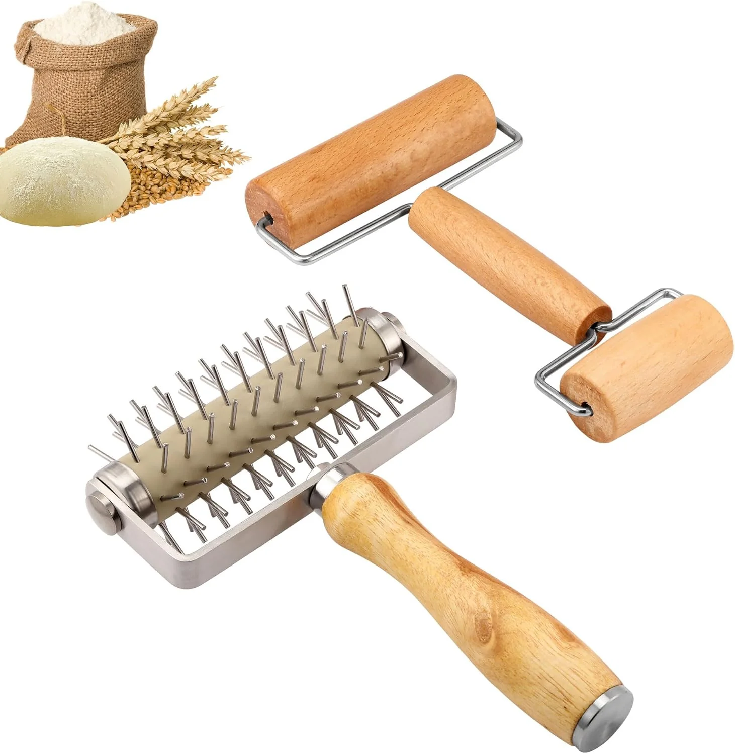 Traditional 2Pcs Pizza Dough Roller Dough Docker Wood Rolling Pin Stainless Steel Dough Hole Puncher for Pizza Pie Pastry Bread Pasta Cookie Crust Optimized