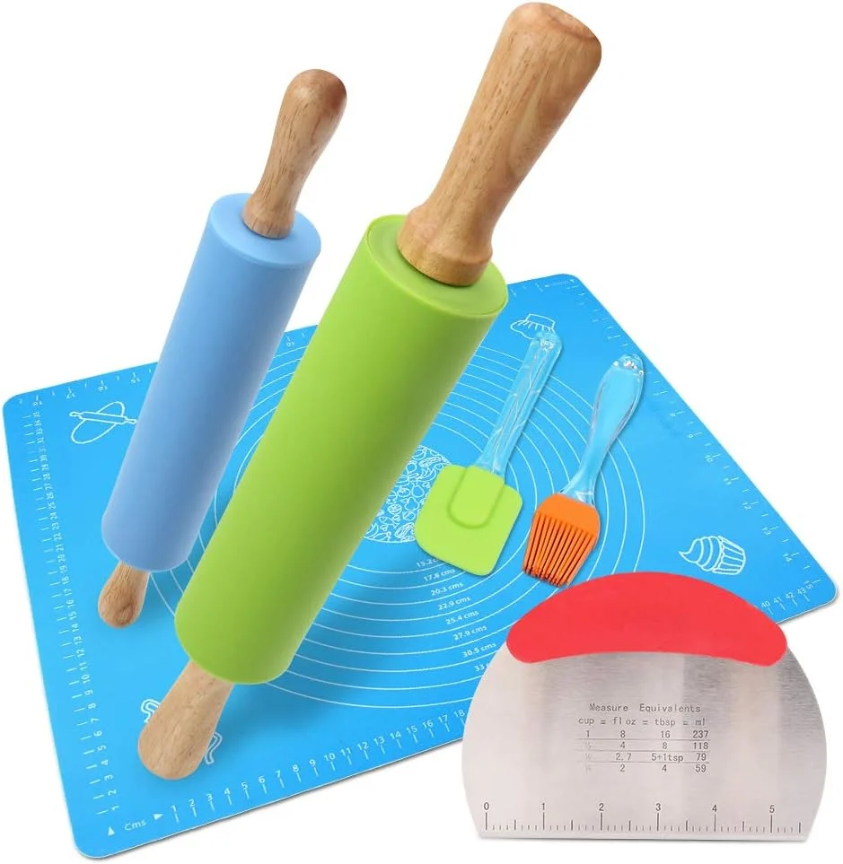 Selected Ewi 1Set Rolling Pin Pastry Mat Set Non-Stick 6 in 1 Dough Roller Baking Kit with Pastry Cutter Reusable Kneading Mat Scraper Basting Brush Elite