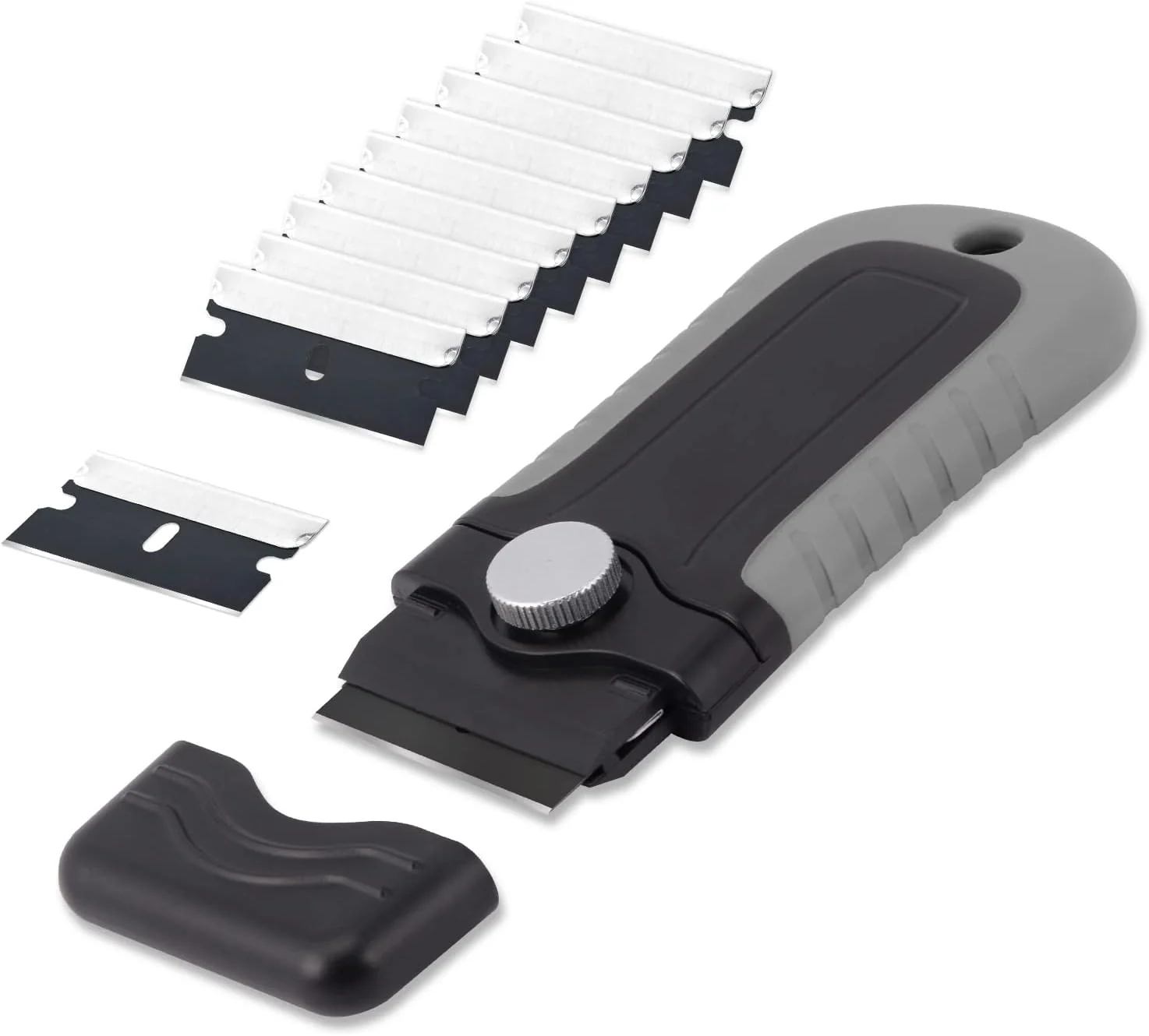 Carefully Designed Gomake Locking Razor Blade Scraper with Safety Cap Glass Cooktop Scraper with 10PCS Black Carbon Steel Blades for Glass Clean Paint and Old Label Premium