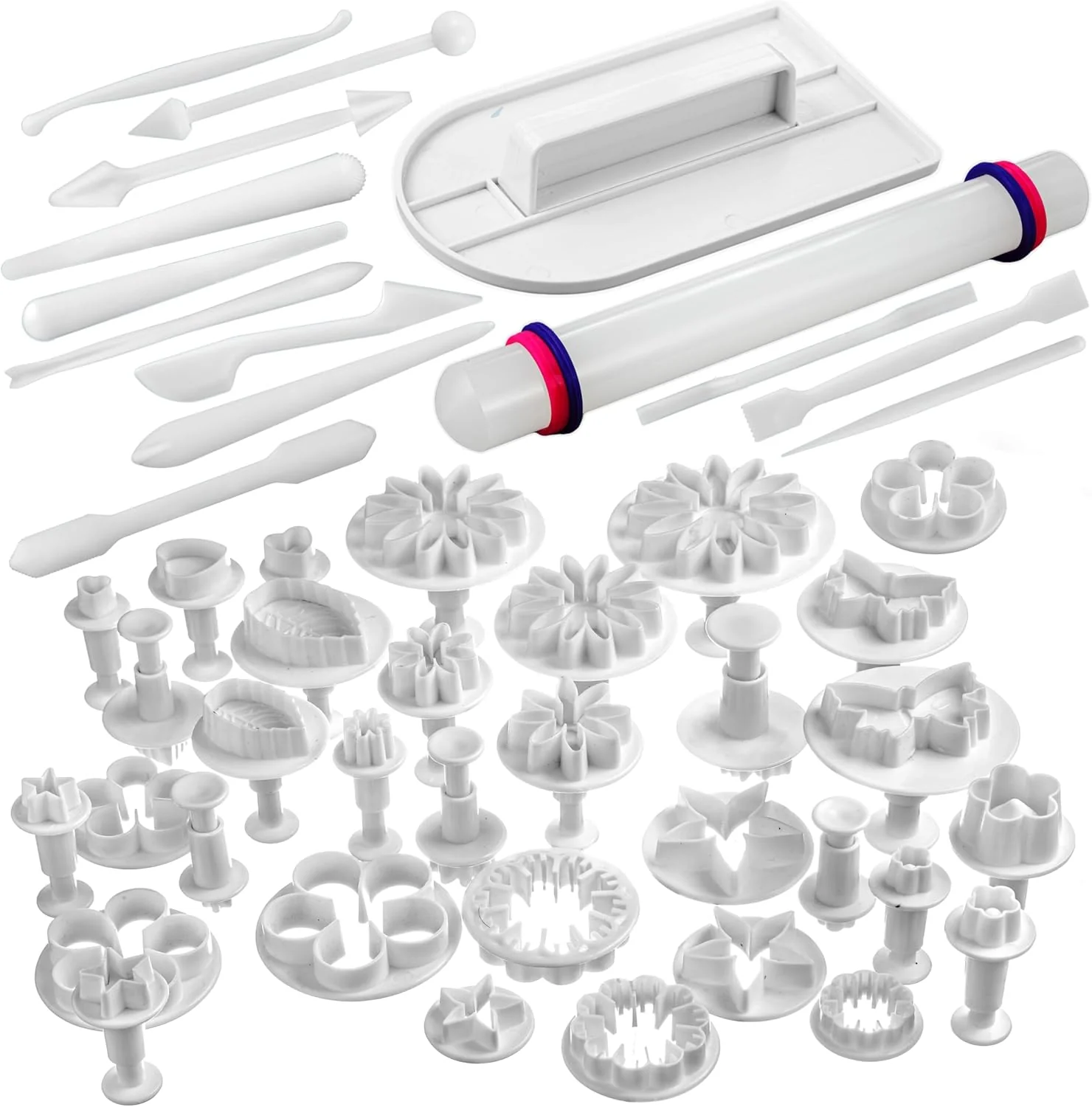 Durable Bakerpan Fondant Tools Set 47 Pcs Fondant Cake Decorating Supplies Rolling Pin for Fondant Gumpaste Sugar Paste Fondant Roller Smoother Traditional