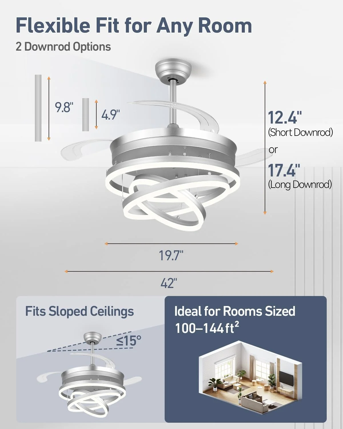Healthy 42 Inches Fandelier Retractable Ceiling Fan Silver Professional