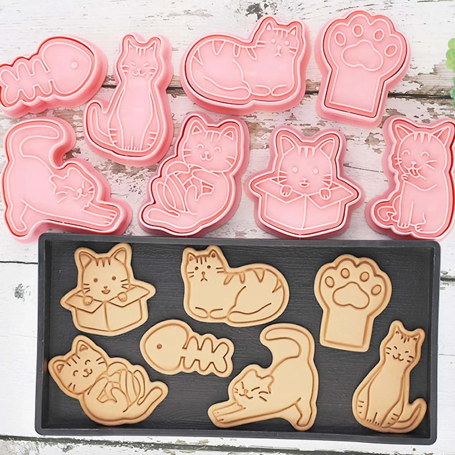 Functional 8pcs Cat Cookie Cutters Set 3D Cute Stamps Cupcake Pancake Apple Pie Pastry Biscuit Molds Fruit Sandwich Cutter Reusable
