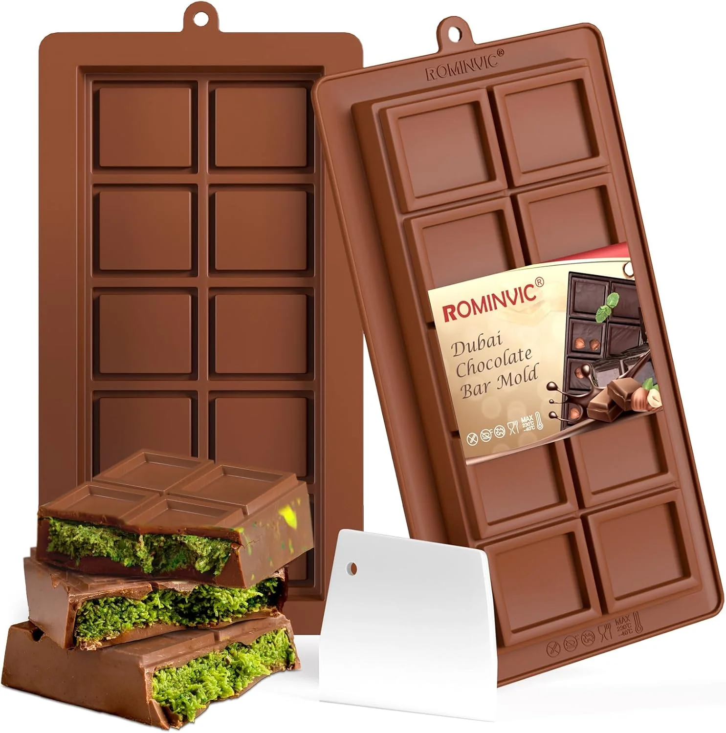 High-Performance Dubai Chocolate Mold 2 Pack 0.79 Inch Deep Large and Thick Silicone Chocolate Bar Molds and scraper for Stuffed Bar Big Chocolate Candy Bar Mold for Filling Knafeh Pistachio Kit Durable