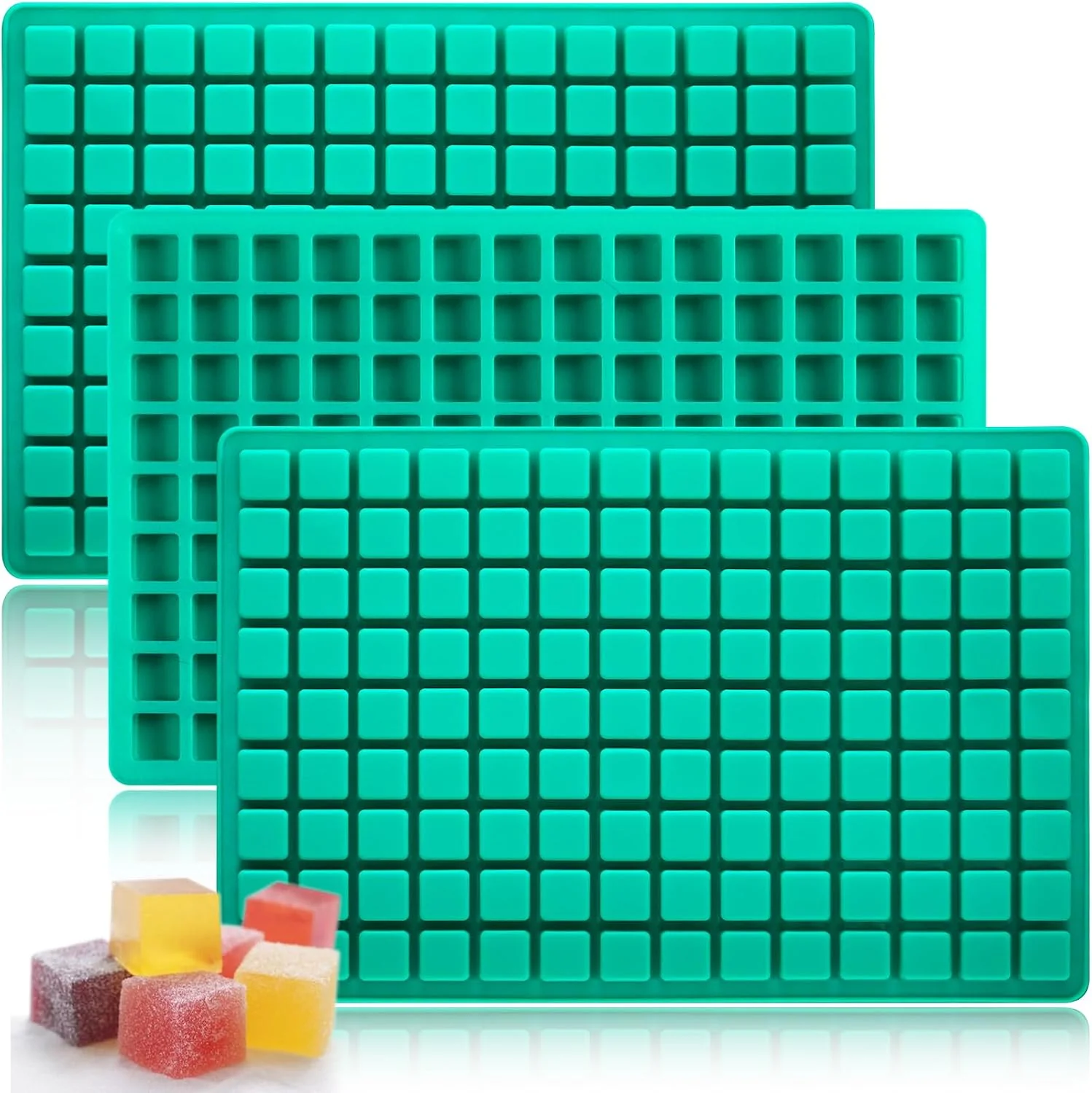 Long-Lasting Square Gummy Molds Silicone Mini Cute Candy Chocolate Keto Molds 3 Pack 126 Cavities Non-stick BPA Tiny Bite Size Molds for Ice Cube Fruit edible Gummy Mold Easy to Release DIY Candy Making Kit Smooth