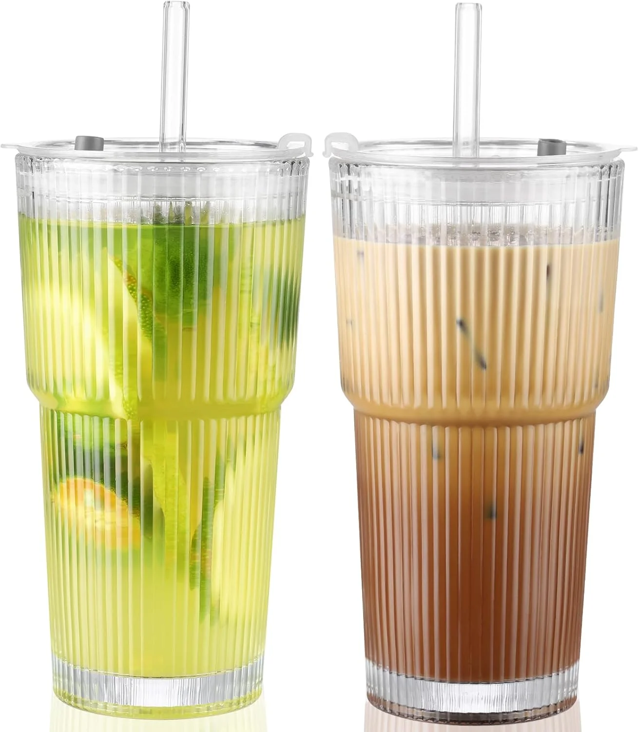 Convenient 20 Oz Glass Cups with Lid and Straw 2 Set Glass Tumbler with Straw and Lid Vintage Glassware for Whiskey Cocktail Beer Flexible