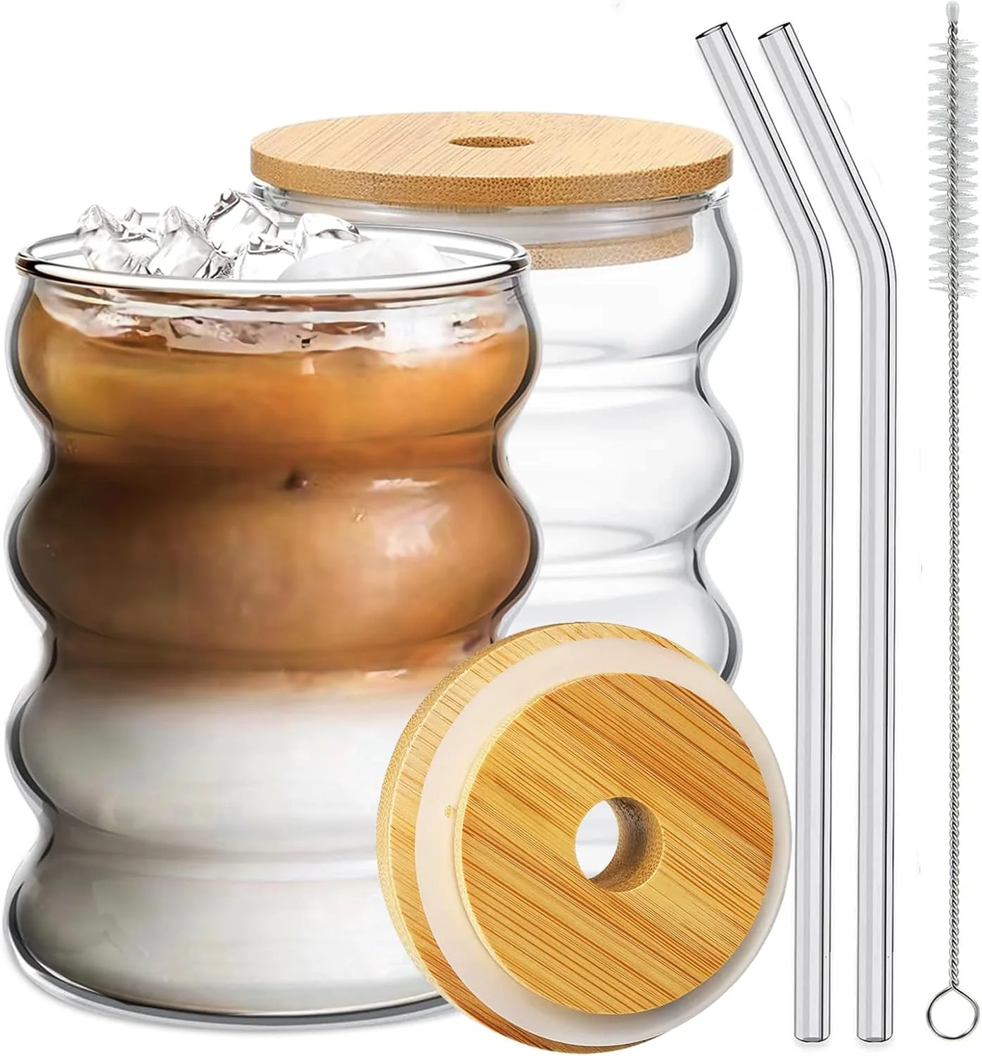 Artisan 2 Pcs Drinking Glasses with Bamboo Lids and Glass Straw 14oz Glassware Set Cocktail Glasses Iced Coffee Glasses Beer Glasses I for Water Soda Tea Trendy