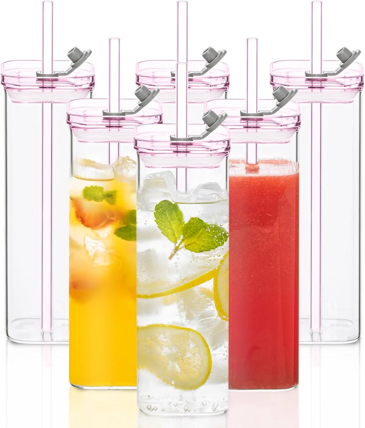 Professional 6PCS Pink Square Drinking Glass Cups 17 Oz Modern Glassware with Lids Straws – Old Fashioned Cocktail Glasses for Juice Iced Coffee Bubble Tea Selected
