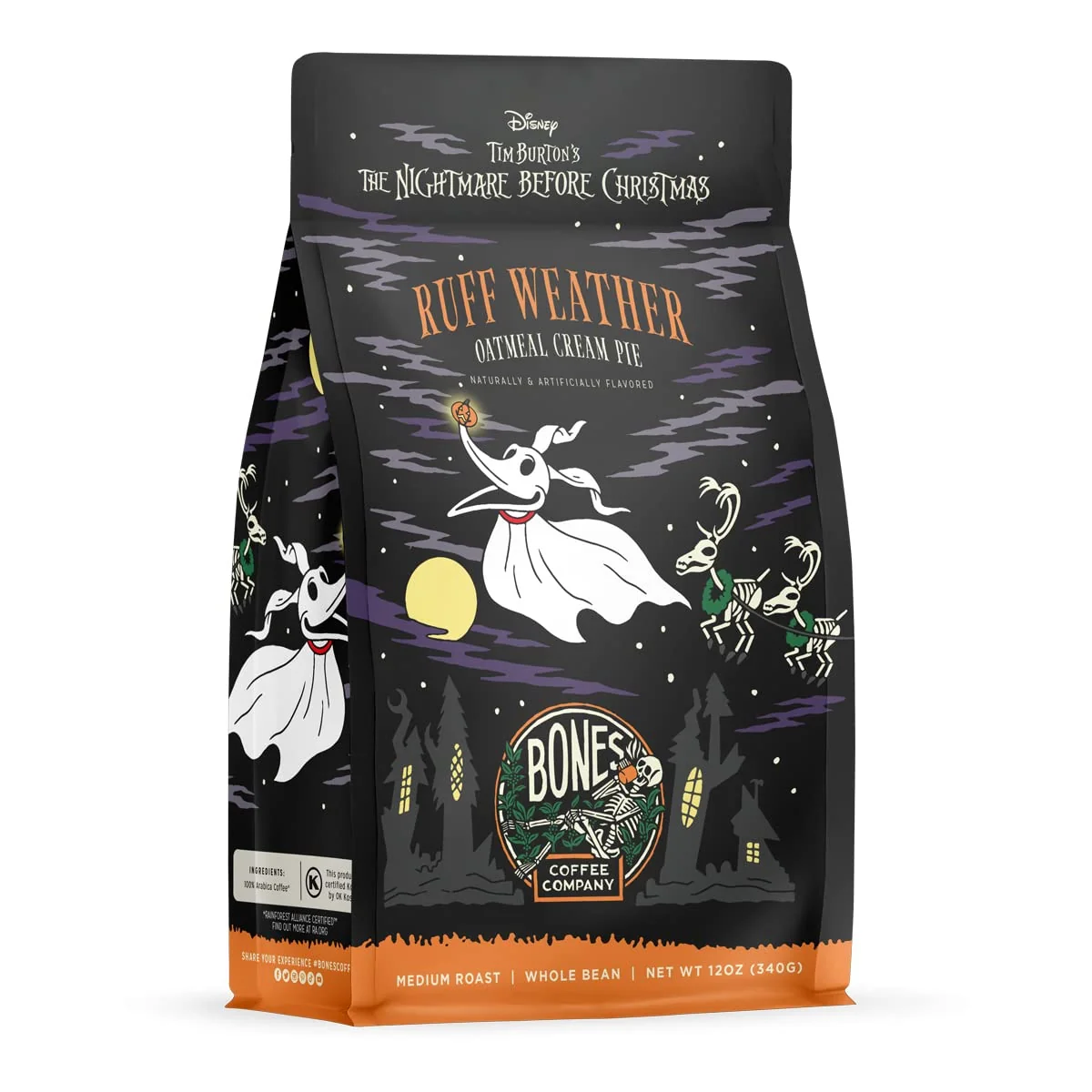 Lightweight Bones Coffee Company The Nightmare Before Christmas Ruff Weather Flavored Coffee Beans Whole Bean Coffee Medium Roast Low Acid Oatmeal Creampie Flavor 12 oz Elite
