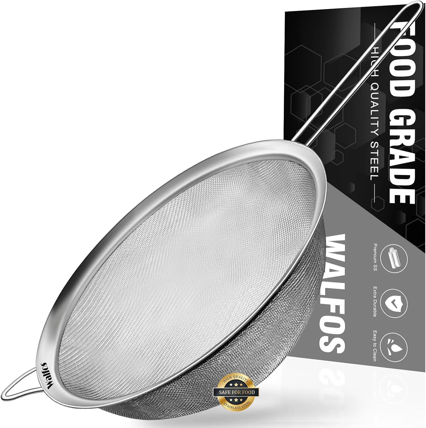 Verified Walfos 8.6 Inch Large Fine Mesh Strainer Kitchen Metal Food Strainers with Sturdy Handle Stainless Steel 30 Mesh Sieve Sifters for Rice Quinoa Pasta Fruits Vegetables etc. High-End