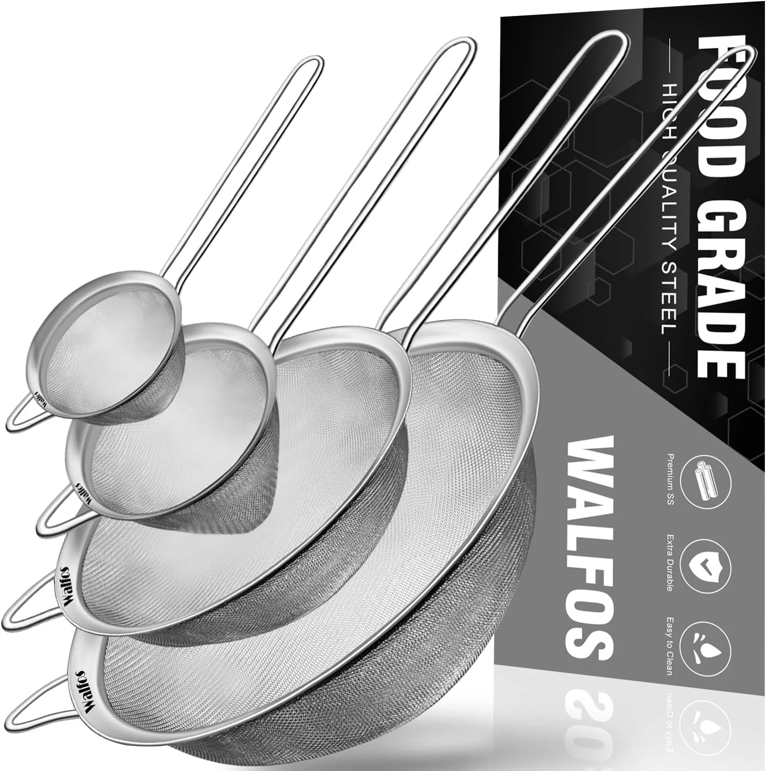 Eco-Friendly Walfos Fine Mesh Strainer 4PCS Versatile Kitchen Strainer with Handle – 7 4.6 3.15 2.7 Sieve Fine Mesh Stainless Steel Metal Strainers and Sifters for Rice Quinoa Tea Cocktail Juice Premium Material