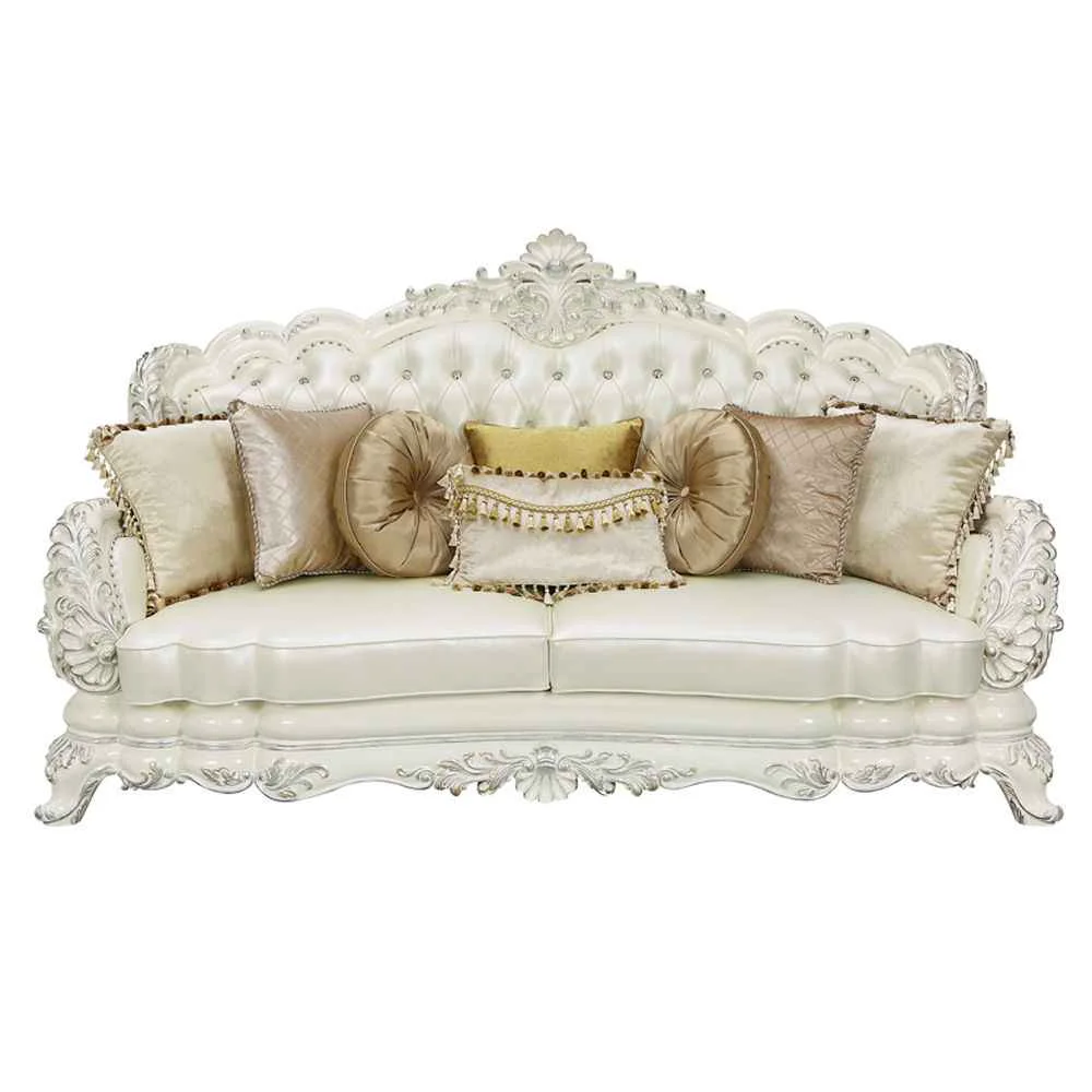 Traditional Adara – Sofa With 7 Pillows – Pearl White Synthetic Leather Antique White Optimized