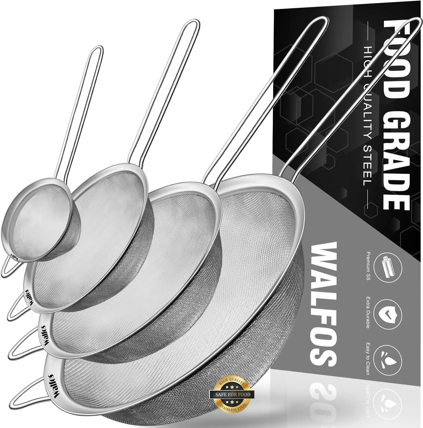 Detailed Walfos Extra Fine Mesh Strainer Set of 4-9.35 6.95 4.6 2.7 Stainless Steel 30 Mesh Sieve with Sturdy Handle Kitchen Food Strainers Sifters for Quinoa Pasta Fruits Vegetables Rice Tea Certified