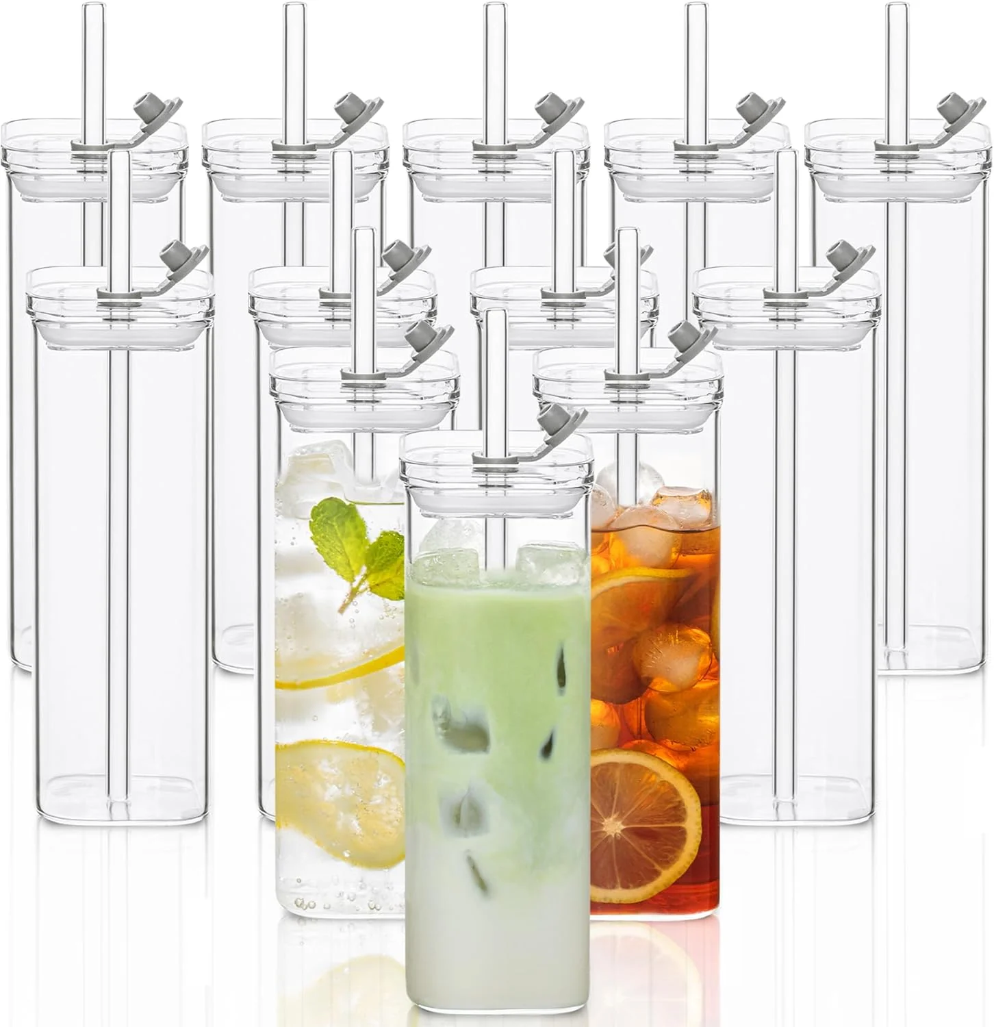 First-Class 12 Sets Square Drinking Glass Cups with Lids Straws 17 Oz Clear Highball Glasses for Cocktail Iced Coffee Juice Beer – Modern Glass Tumblers Proven