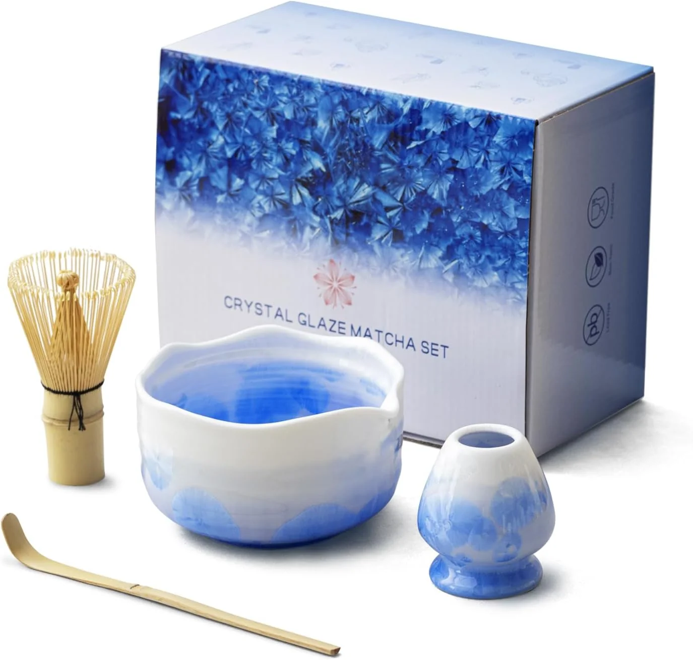Casual Natural Crystal Flower Matcha Set – 4 Pcs Food Grade Matcha Kit with Spouted Bowl Matcha Whisk Scoop and Chasen Holder Next-Generation