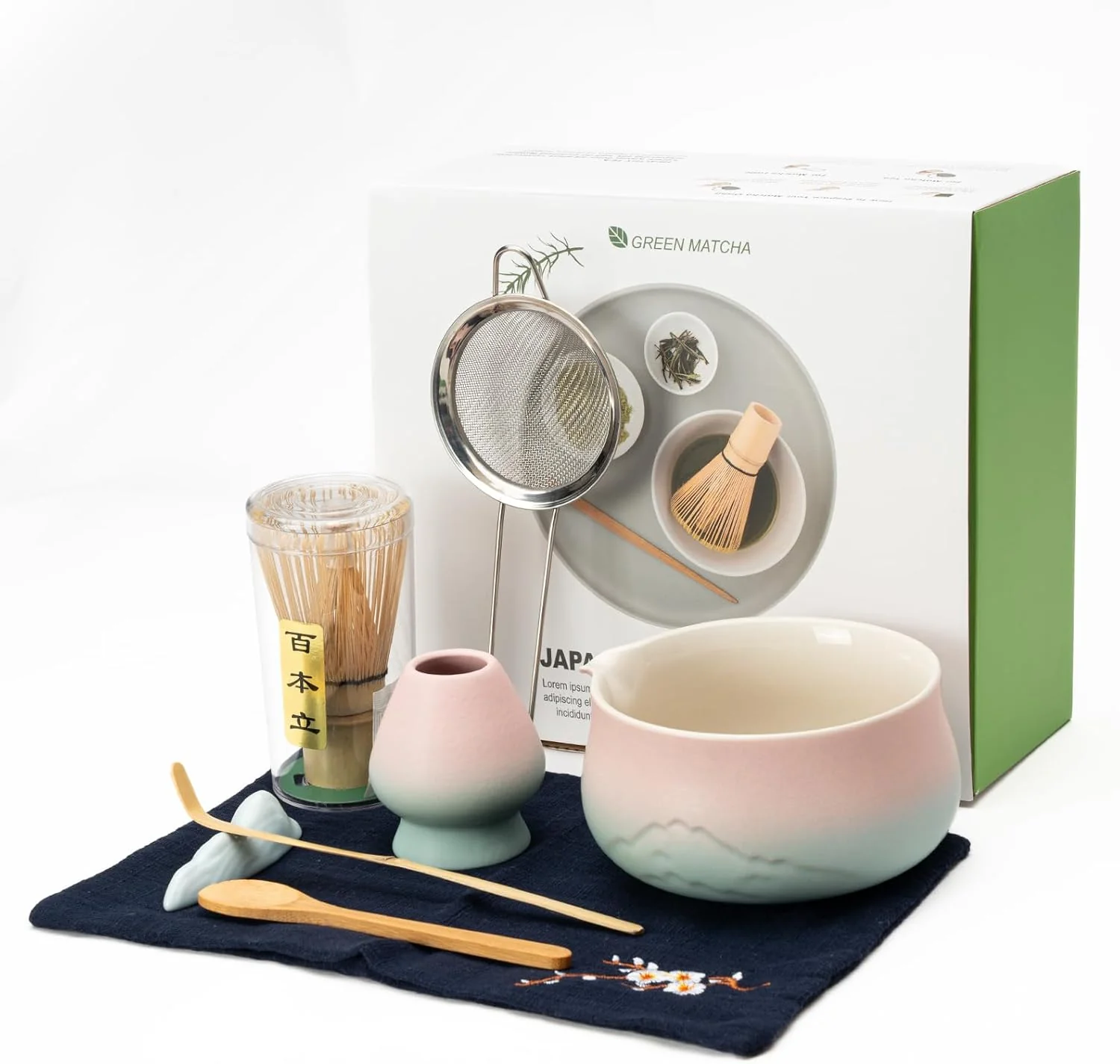 High-End Matcha Whisk Set Matcha Bowl with Spout 8PCS Matcha kit Matcha Whisk and Bowl Matcha Chasen Bamboo Scoop Scoop Rest Sifter and Tea Towel Natural
