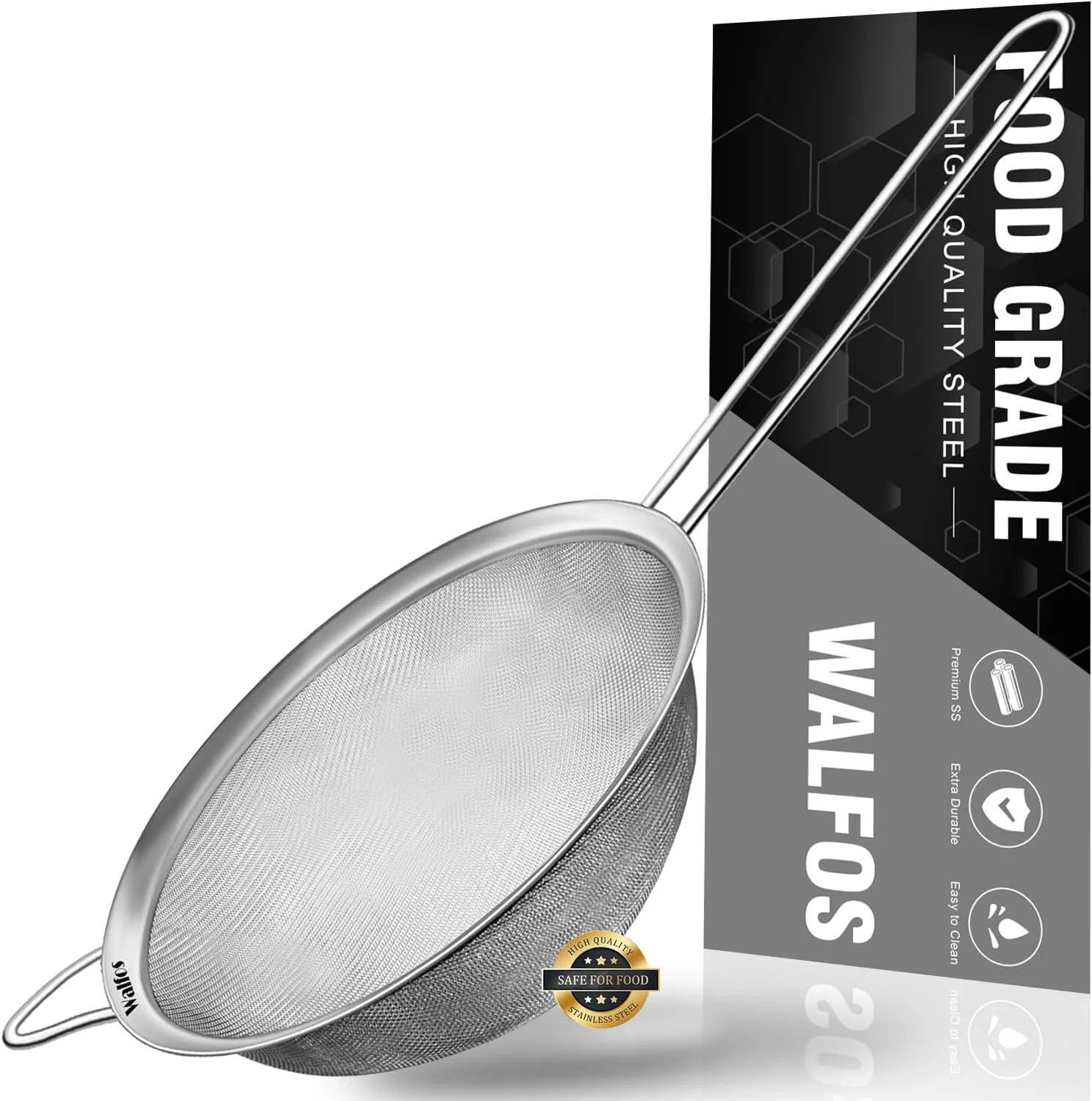 Carefully Designed Walfos 6.3 Inch Fine Mesh Strainer Premium Stainless Steel Sieve and Sifter with Handle Kitchen Metal Strainers for Rice Quinoa Fruits Noodles Comfortable