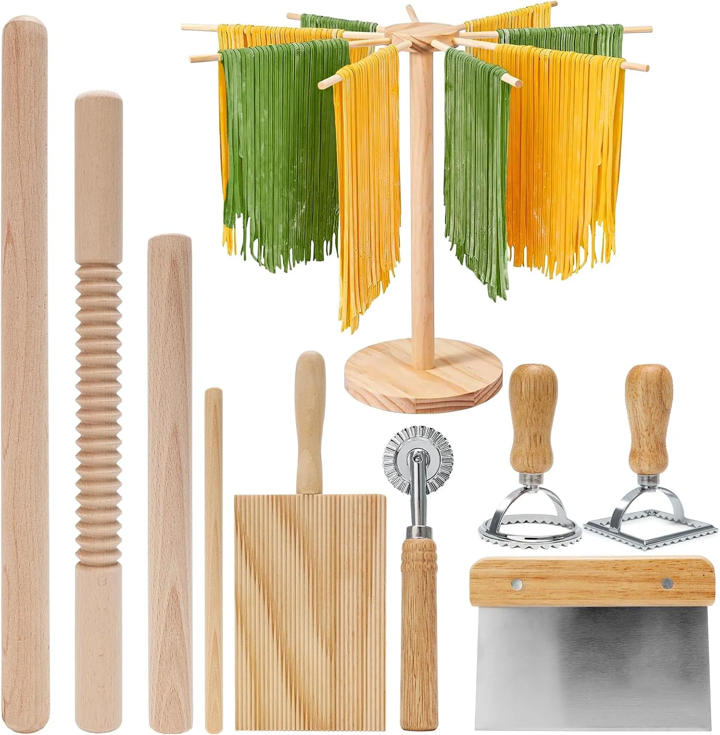 Certified Pasta Making Tools 9 Pcs with Pasta Drying Rack Threaded Rolling Pin 2 Rolling Pins Gnocchi Board Dough Cutter Wheel Cutter 2 Ravioli Stamps Original