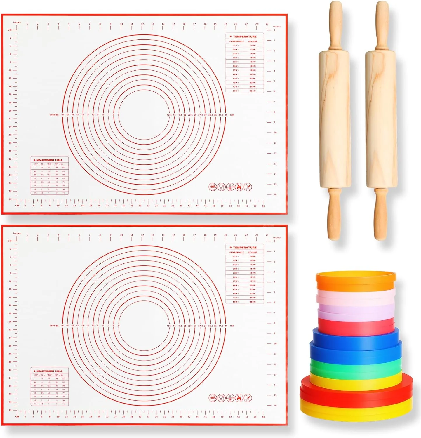 Organic 20 Pcs Rolling Pin Set Include 2 Classic Wood Dough Rollers 16 Adjustable Thickness Guide Rings 2 Pastry Mats Non slip Silicone Baking Essentials for Luxury