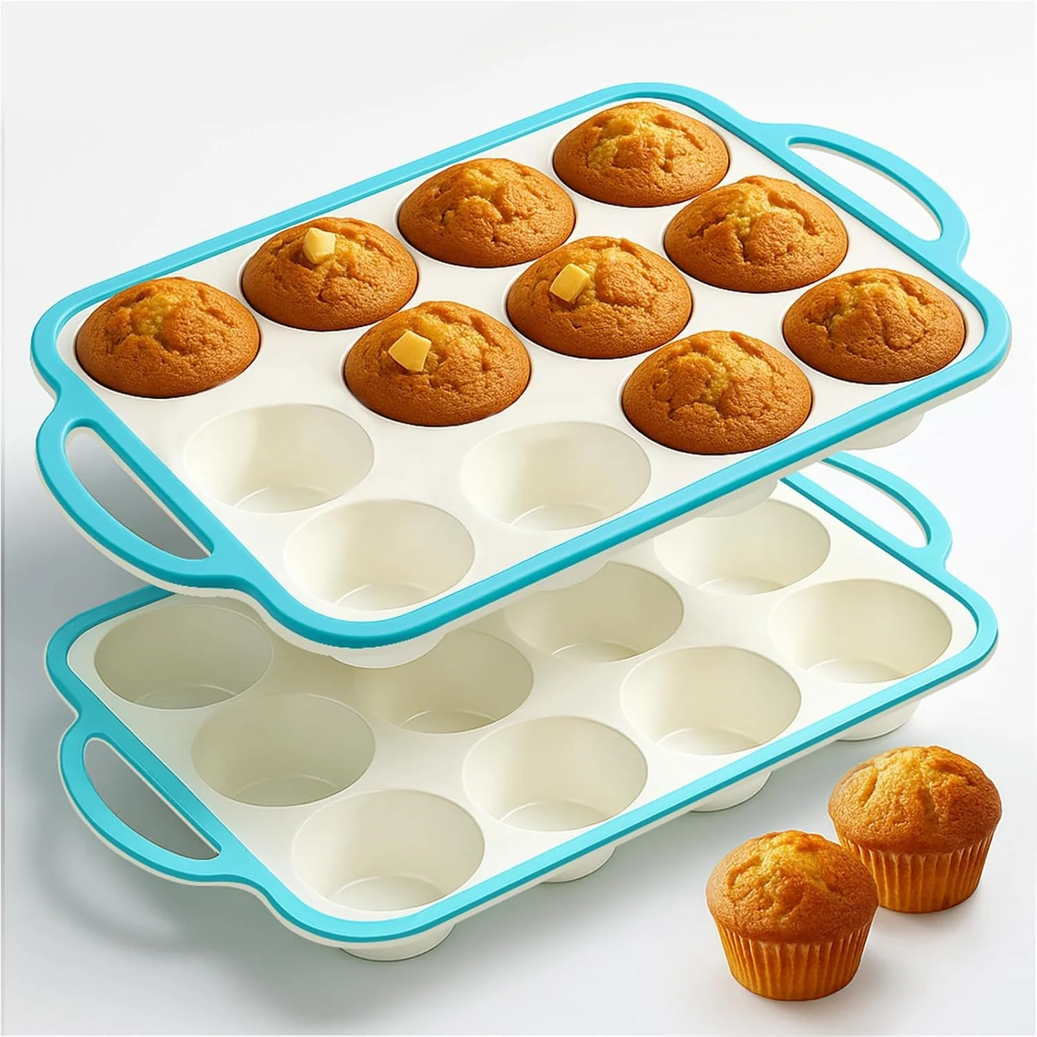 Traditional Silicone Muffin Pans for Baking 2 Pack 2.6 Inch with Metal Reinforced Frame Regular Size Nonstick Cupcake Pan 12 Cups for Baking Homemade Muffins Dishwasher Safe BPA -Blue Outstanding