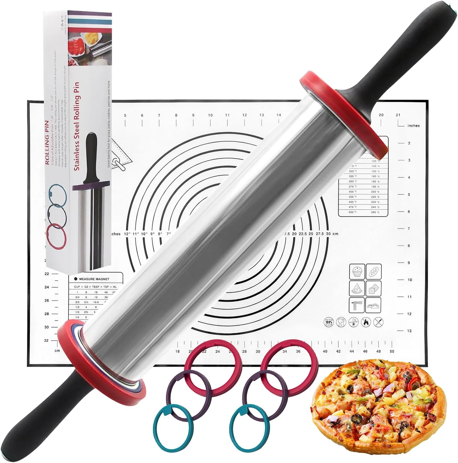 Lightweight Rolling Pins Rolling Pin and Silicone Baking Pastry Mat Set Rolling Pins Adjustable Stainless Steel Rolling Pin with Thickness Rings for Baking Dough Verified