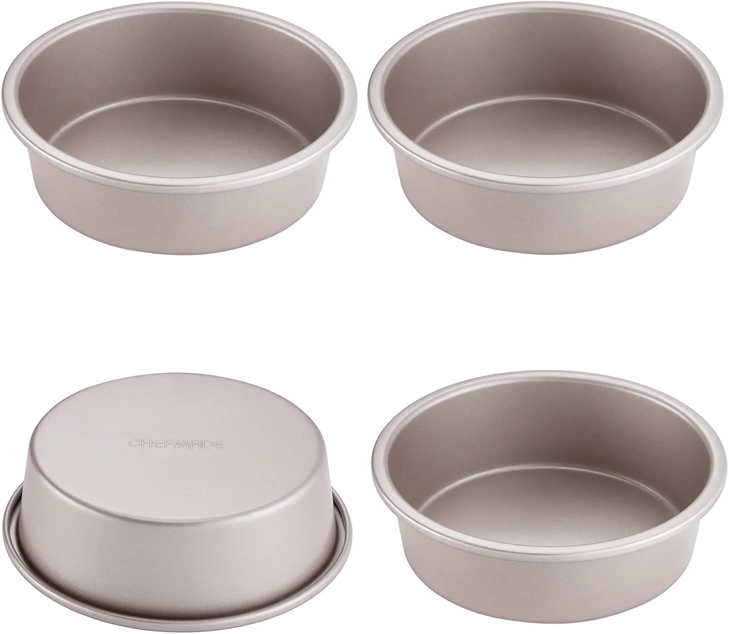 Easy-to-Use Chefmade Mini Round Cake Pan Set 6-Inch 4Pcs Non-Stick Round Cake and Loaf Bakeware for Oven and Instant Pot Baking Champagne Gold Professional