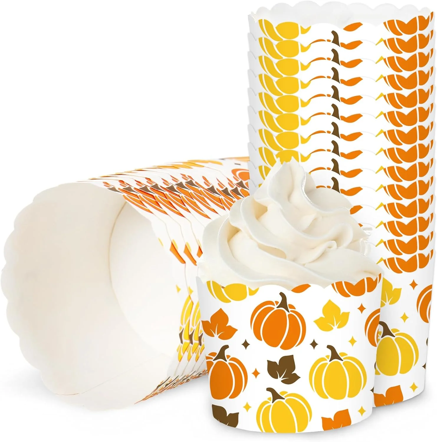 Relaxed Whaline 100Pcs Fall Paper Baking Cups Pumpkin Maple Leaf Cupcake Wrappers Orange Yellow Brown Scalloped Edge Cupcake Muffin Cases for Autumn Superior