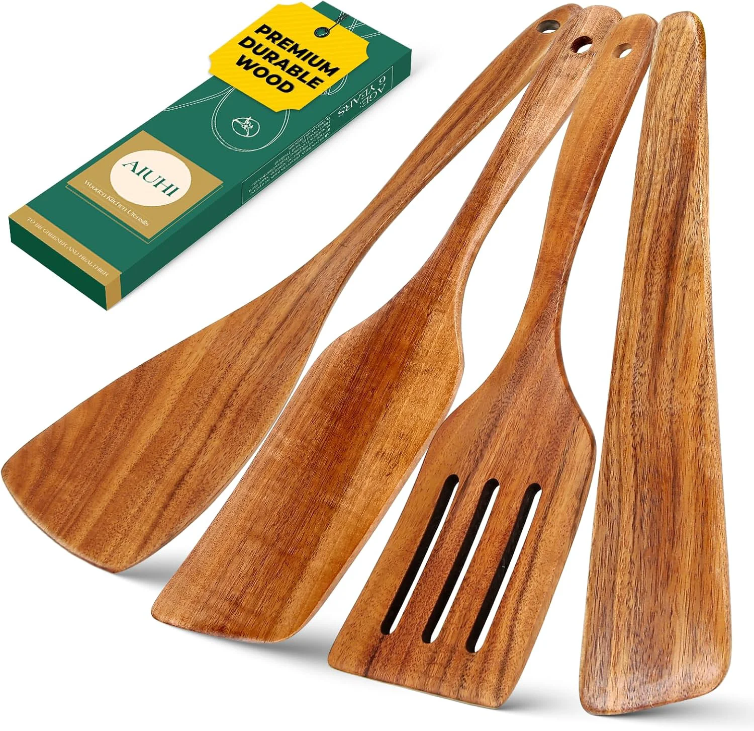 Classic Aiuhi Wooden Spatula for Cooking Premium Teak Wood Cooking Utensils NonStick Kitchen Utensils Set of 4 Contain Paddle Turner Spatula Healthy