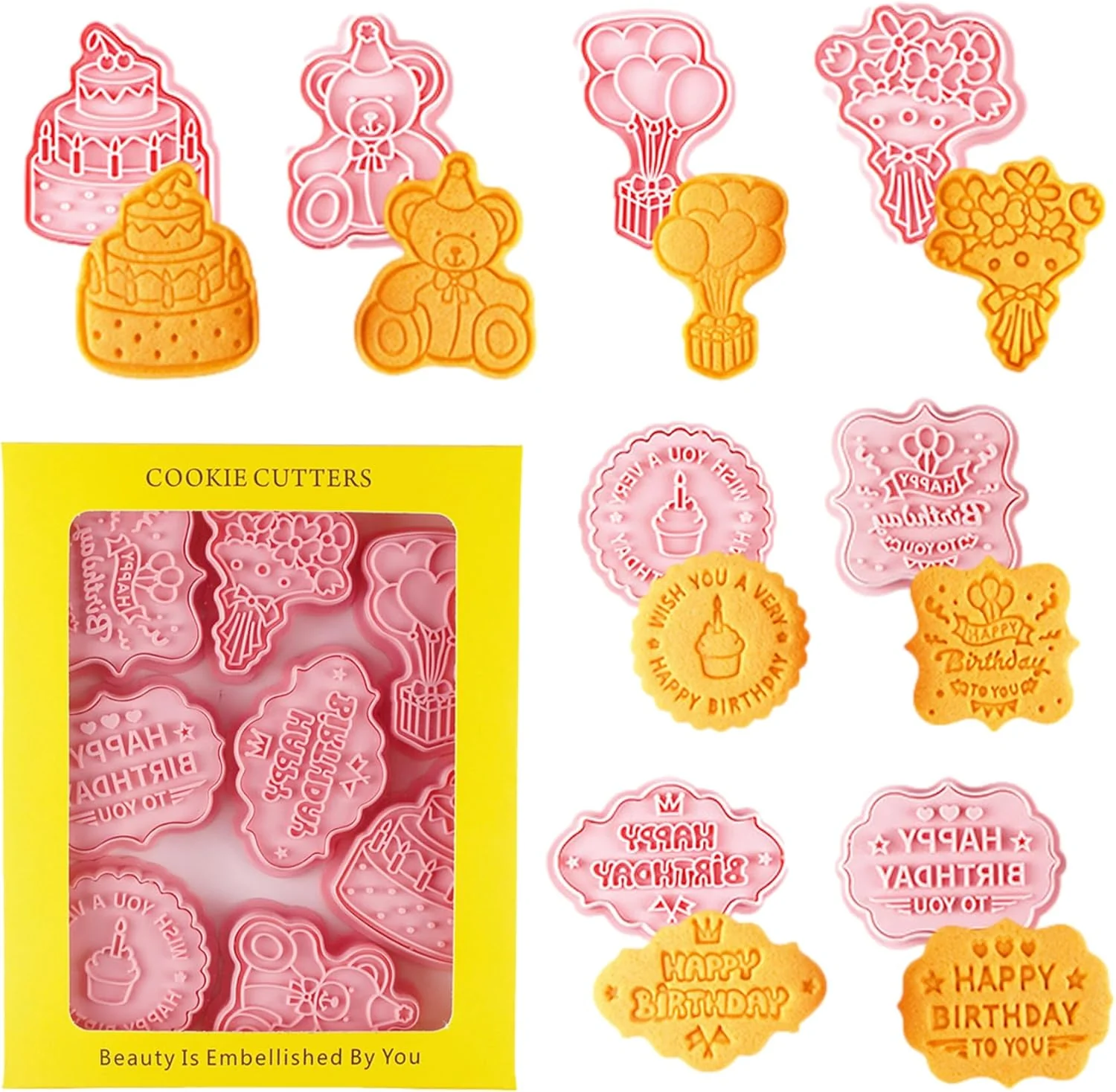 Functional 8PCS Happy Birthday Cookie Cutter Sets 3D Plastic Cookie Cutters with Plunger Stamps Pressable Biscuit Mold Cookie Molds Cake Baking Fondant Cutter Carefully Designed
