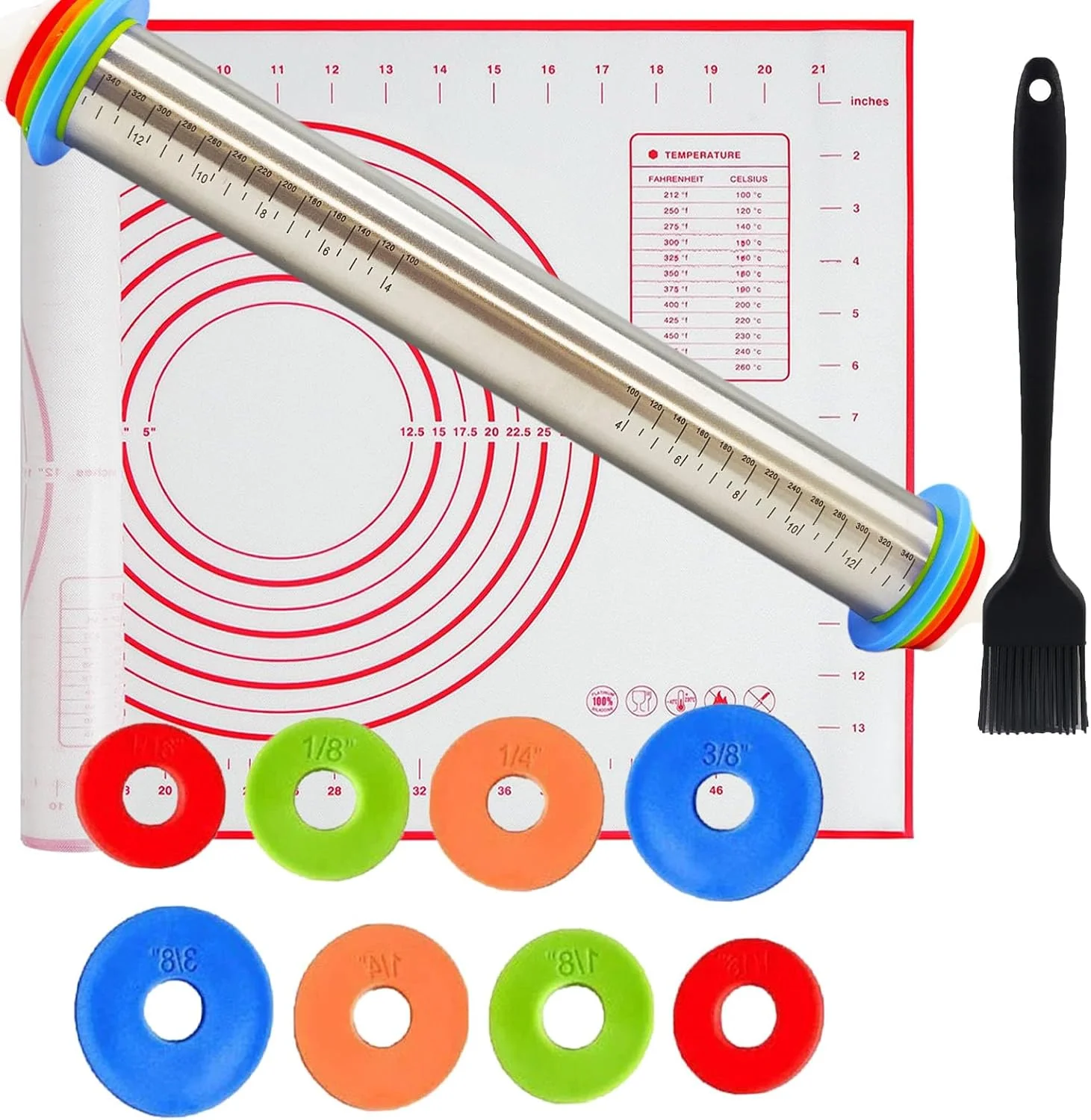 Sophisticated Adjustable Rolling Pin 3 Set and Silicone Baking Pastry Mat Silicone Bush Set Thickness Rings Stainless Steel Dough Roller 17.4 Rolling Pins for Baking Dough Certified