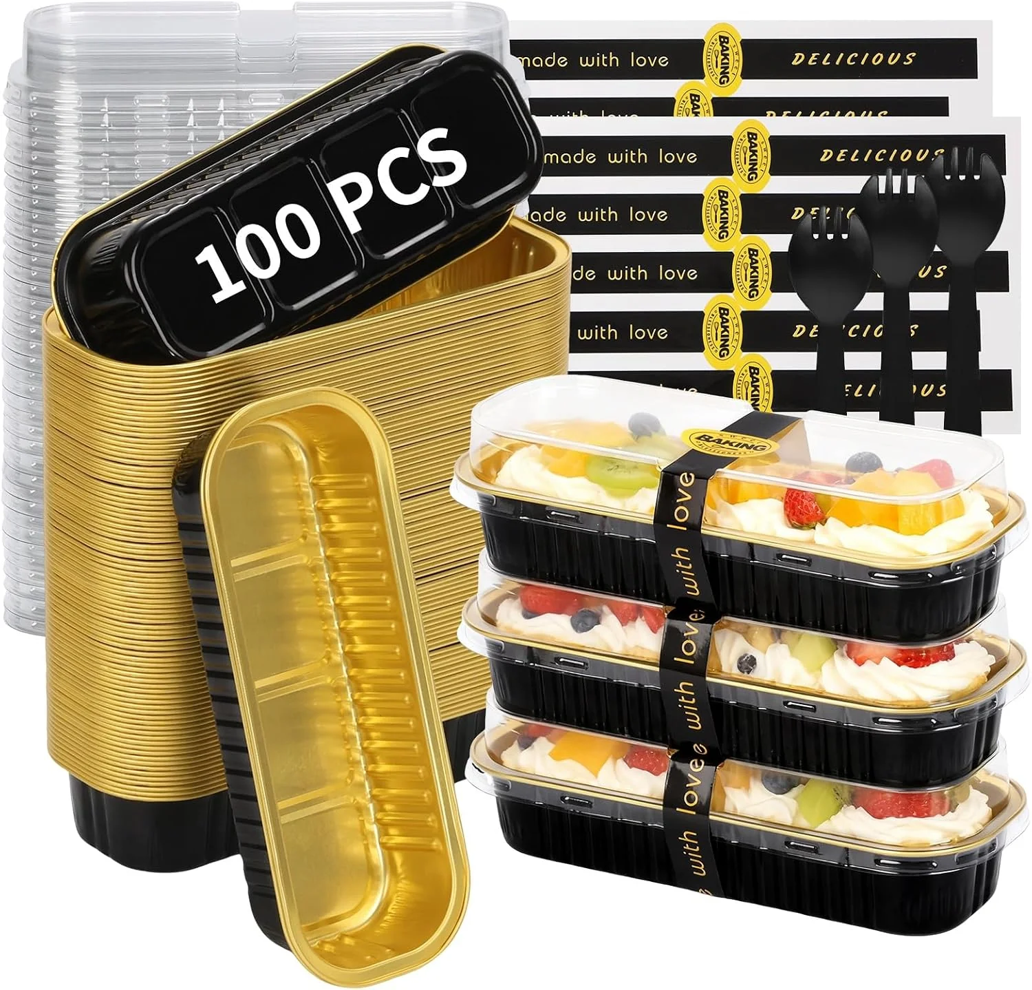 Modern 100 Pack 6.8 oz Rectangular Mini Loaf Pans with Lids and Spoons Disposable Aluminum Foil Mini Cake Pans and Baking Tins with Sealing Stickers Individual Black Dessert Containers for Parties Excellent