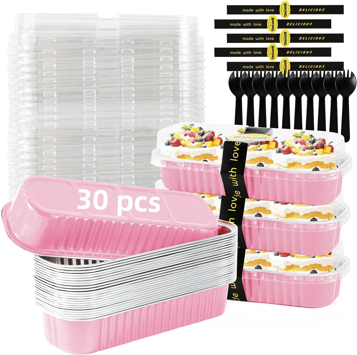 Reliable Mini Loaf Pans with Lids and Spoons Sealing Sticker 6.8oz Cake Pans for Baking Disposable Aluminum Foil Pink Red cake pan 30 Pink Reusable