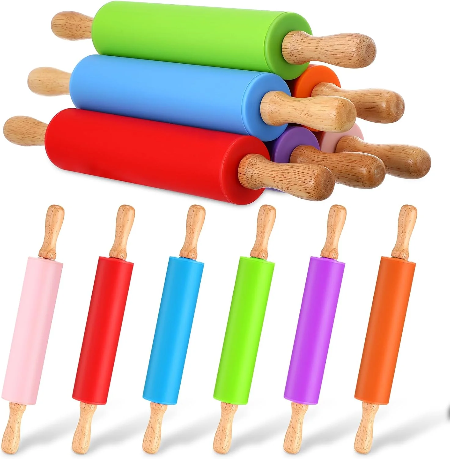 Premium Material 12 Pcs Small Rolling Pin Kids 12 Inch Mini Silicone Rolling Pin Non Stick Kids Dough Roller with Wooden Handle for Baking Kitchen Cookie Pastry Fondant Cake 6 Colors Fine Crafted