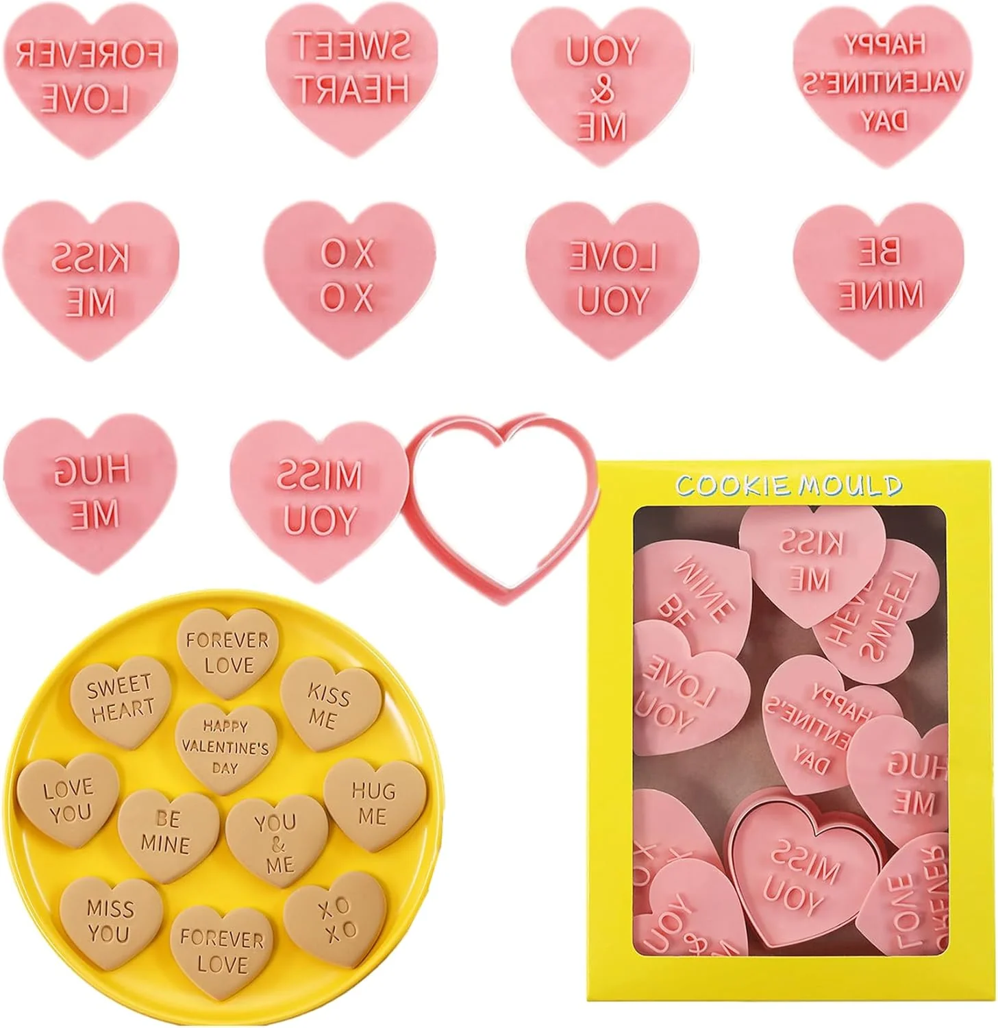 Original Design Heart Cookie Cutter Set 10 Pcs 3D Pressable Biscuit Cutter and Stamps Valentine’s Day Cookie Molds Wedding Party DIY Cake Decorating Kit B10 Flexible