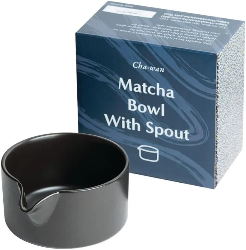 Detailed Naoki Matcha Traditional Ceramic Chawan Matcha Tea Bowl with Pour Spout Set – Hand Made Ceramic with Black Matte Glaze High-Grade