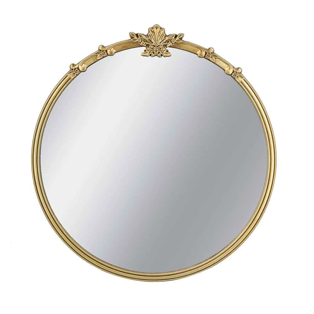 Certified 30×31 Round Wall Mirror with Gold Finish and Decorative Leaf Crest Lightweight