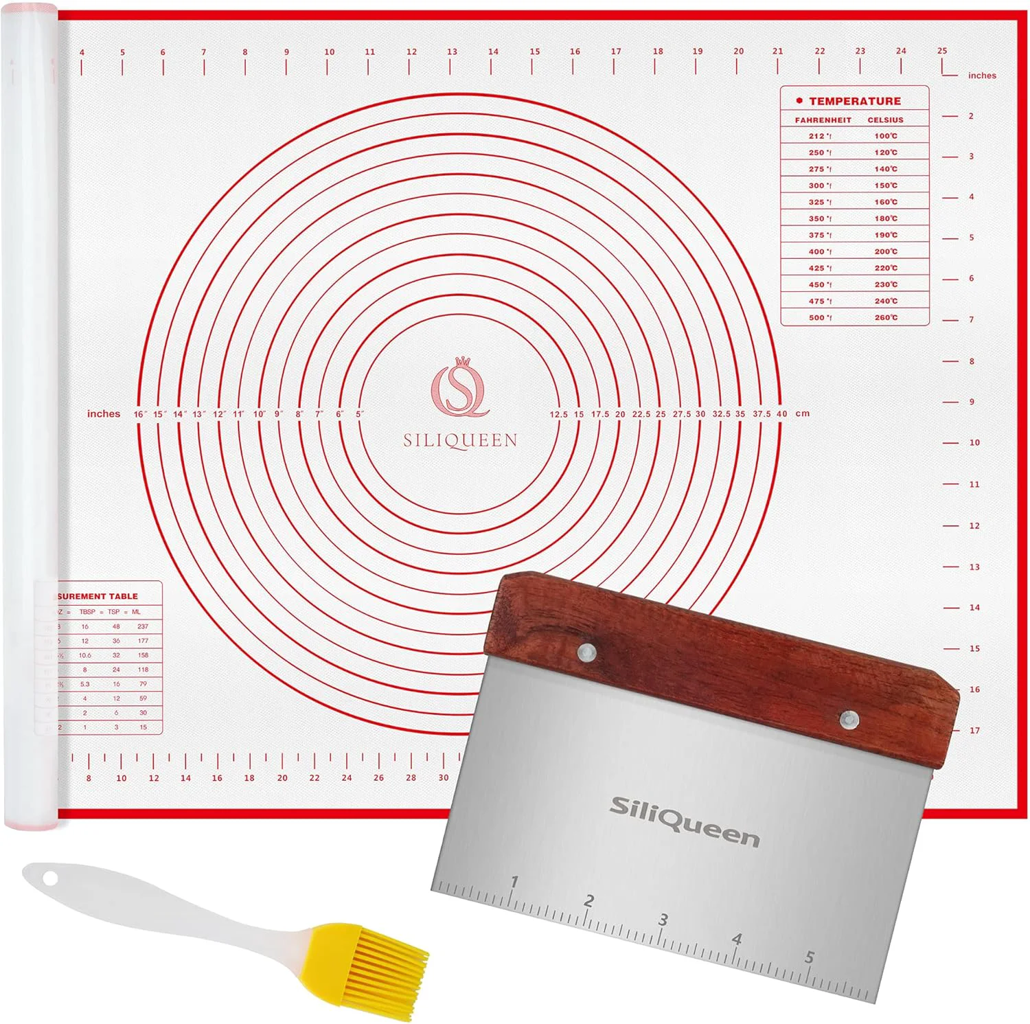 Traditional Silicone Pastry Baking Mat with Measurements Extra a Brush and a Dough Scraper- 27.5 x 20 Heat Resistant BPA Classic