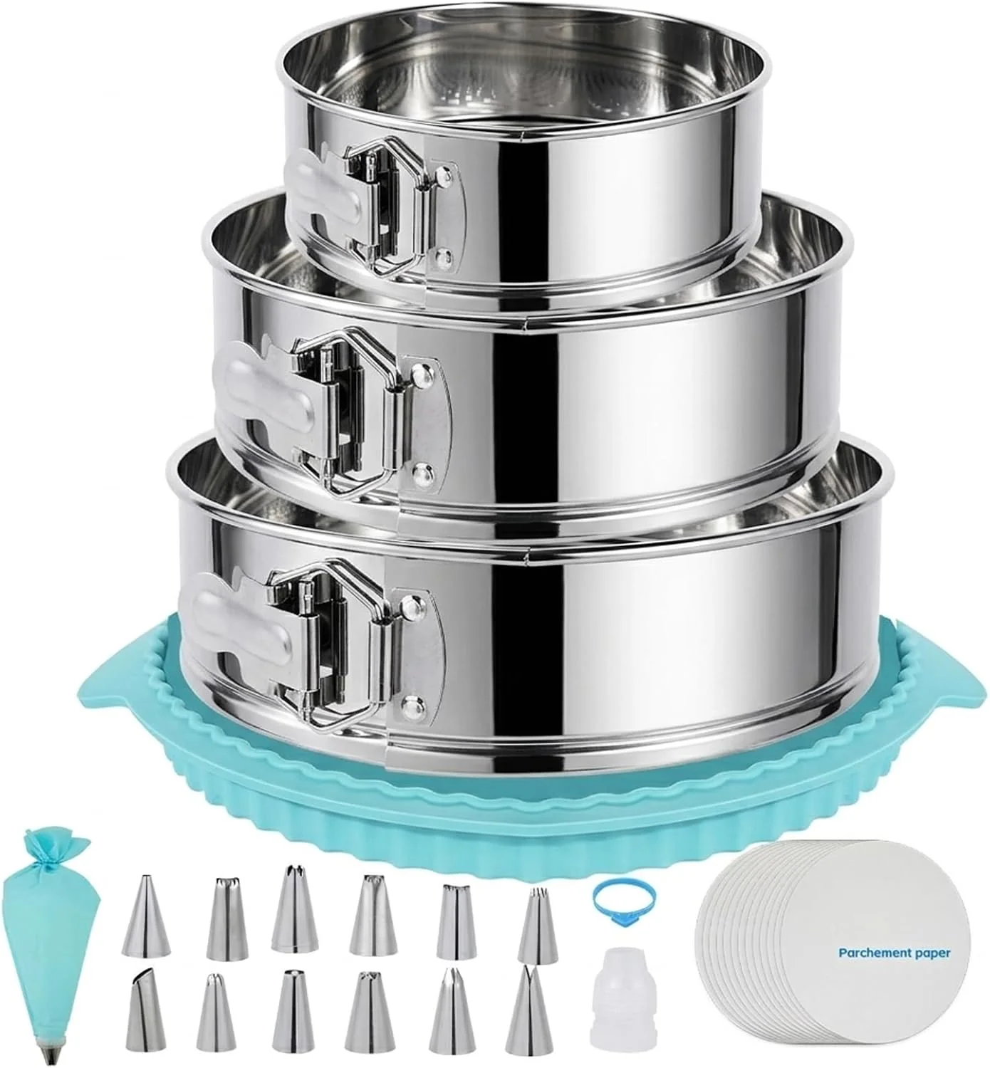 Traditional Springform Pan Set for Baking 7 9 10inches 304 Stainless Steel Springform Cake Pan with Removable Bottom Cheesecake Pan with 50PCS Parchment Paper for Pie Cake Pizza and Quiches Clean