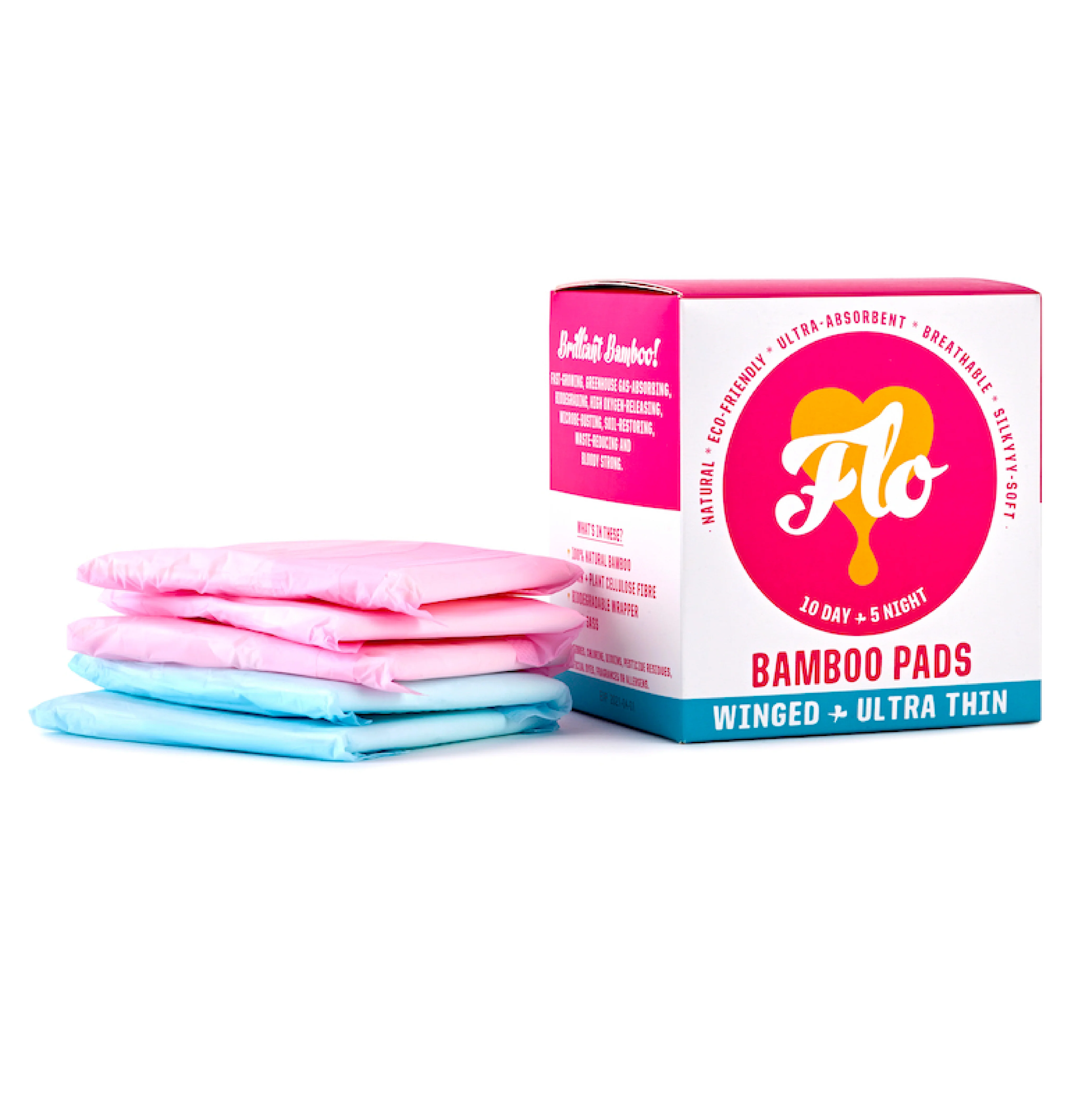 Clean Here We Flo Flo Organic Bamboo Day Night Combo Period Pads Winged Casual