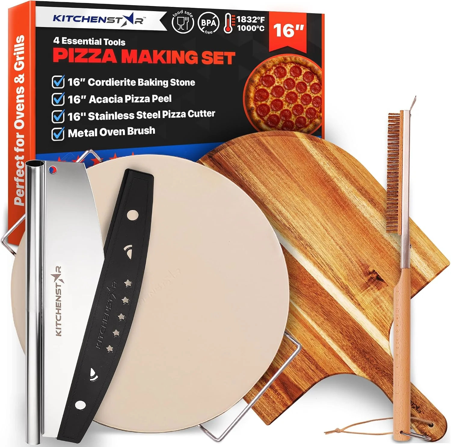Minimalist Pizza Stone Set for Oven and Grill – 16 Inch Cordierite Baking Stone 1800°F Resistant 6-Piece Kit with Acacia Wood Pizza Peel Cutter Rocker Steel Rack amp Cleaning Brush High-Grade