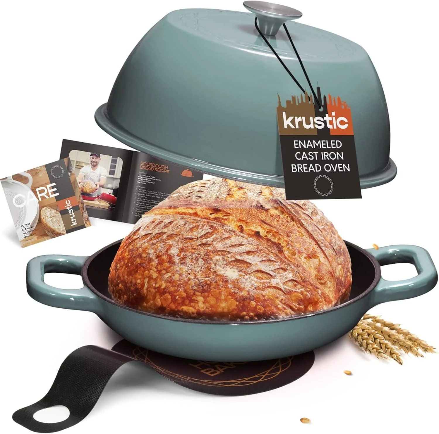 Premium Material Enameled Cast Iron Dutch Oven for Sourdough Bread Baking 6 Quart Round Pot with Lid 10 Inch Ceramic Enamel Thick Coated Cookware with Non Stick Silicone Baking Mat for Cooking 6 Qt Sea Salt Organic