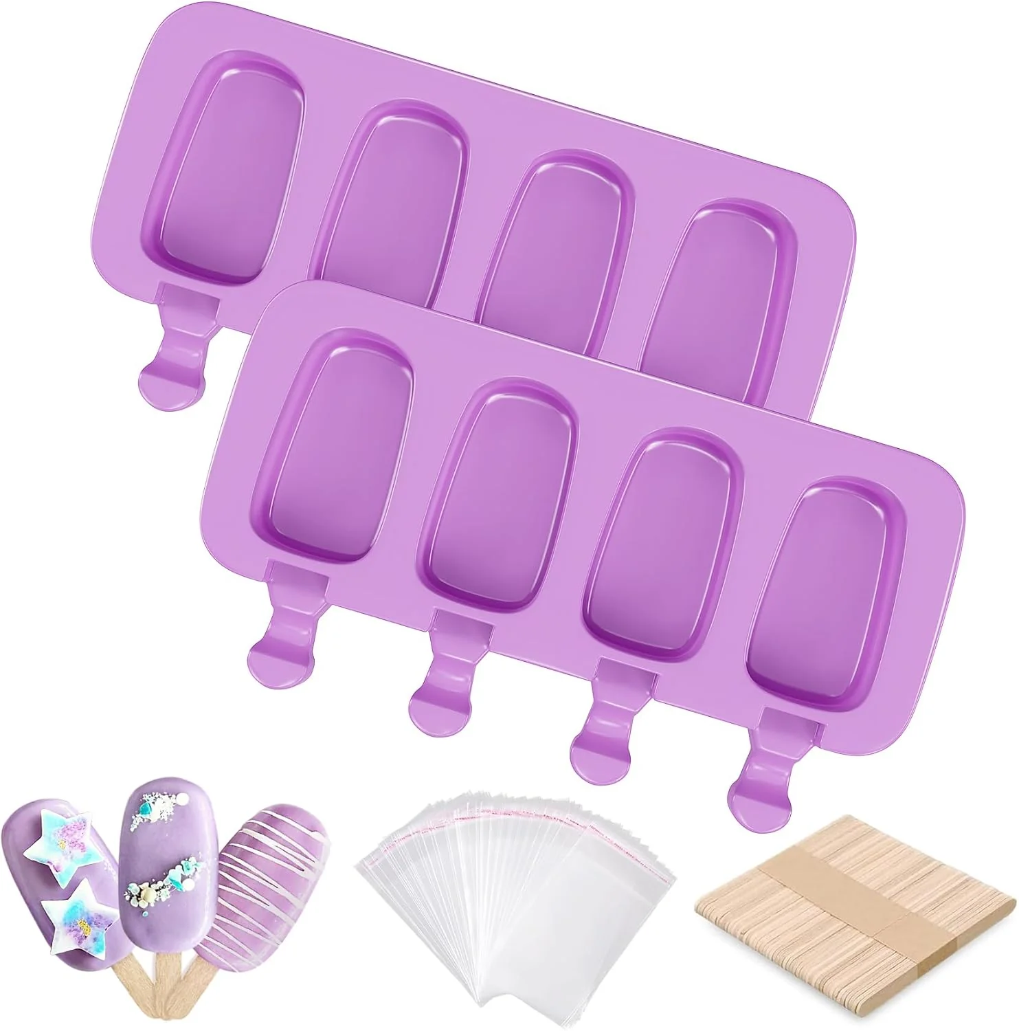 Comfortable Ouddy Life Popsicle Molds Set of 2 Ice Pop Molds Silicone 4 Cavities Ice Cream Mold Oval Cake Pop Mold with 50 Wooden Sticks for DIY Popsicle Clean